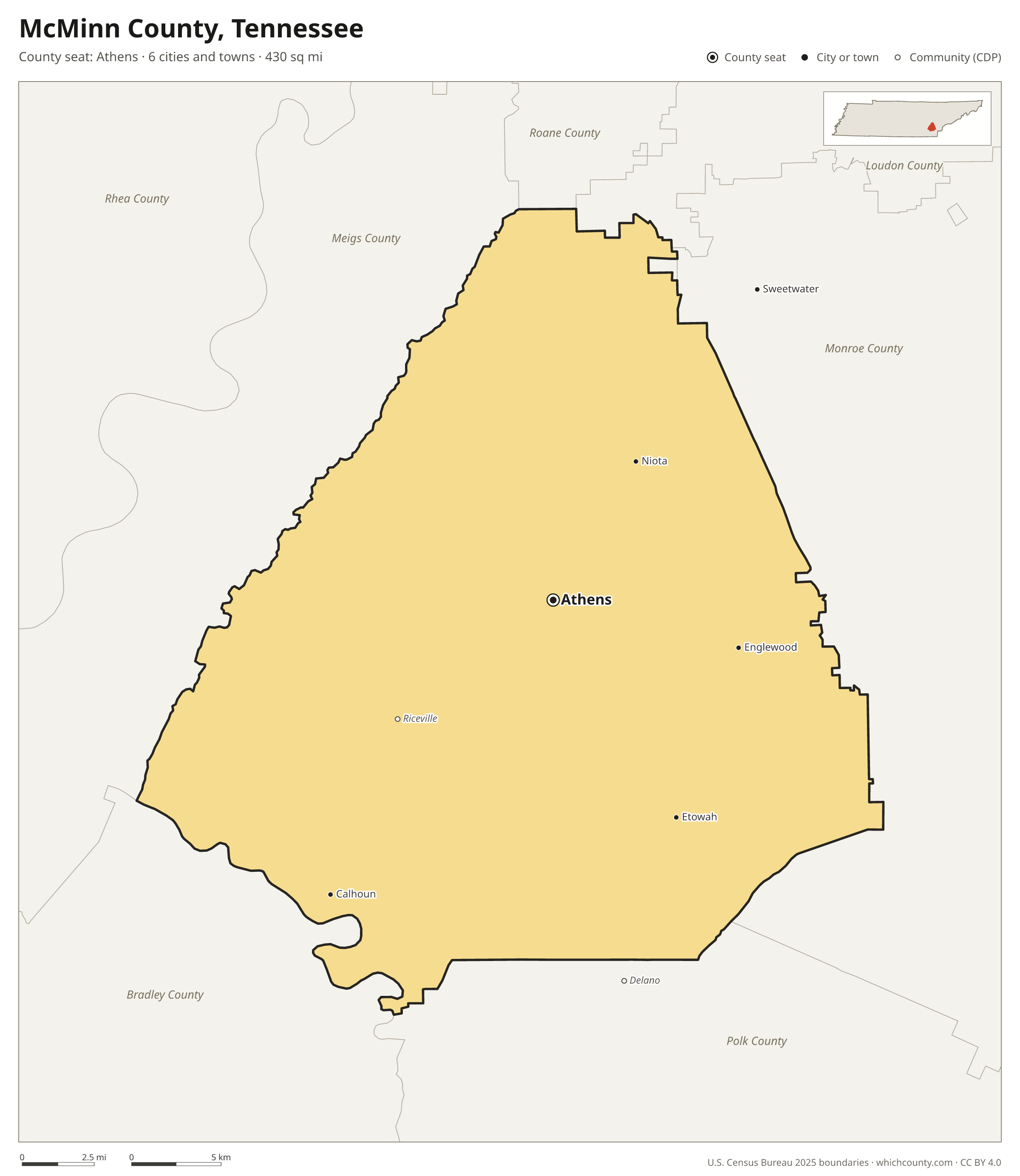 Map of McMinn County, Tennessee with cities, towns and the county boundary