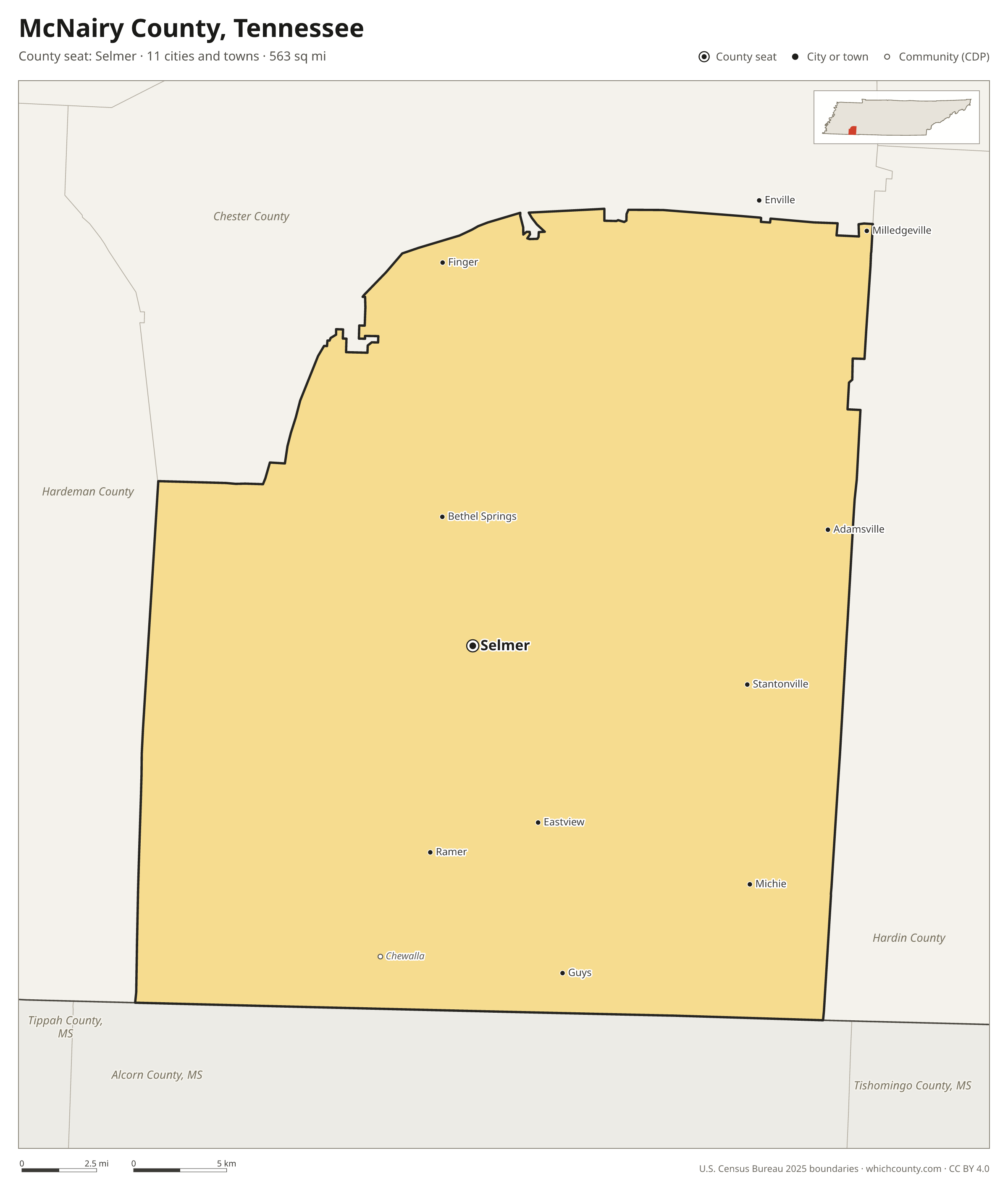 Map of McNairy County, Tennessee with cities, towns and the county boundary