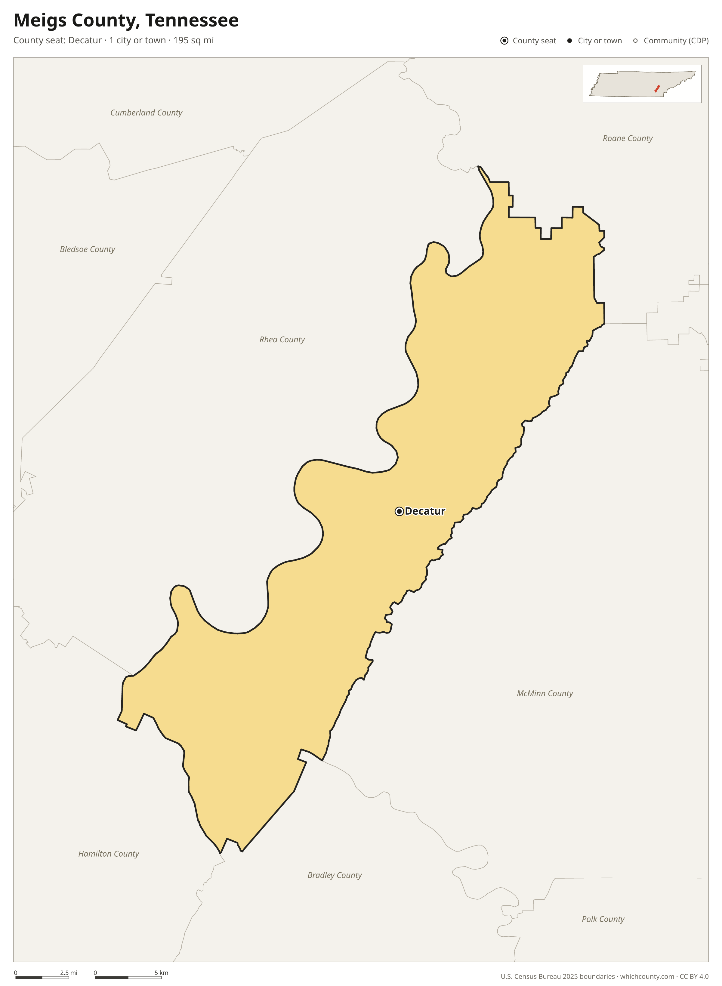 Map of Meigs County, Tennessee with cities, towns and the county boundary