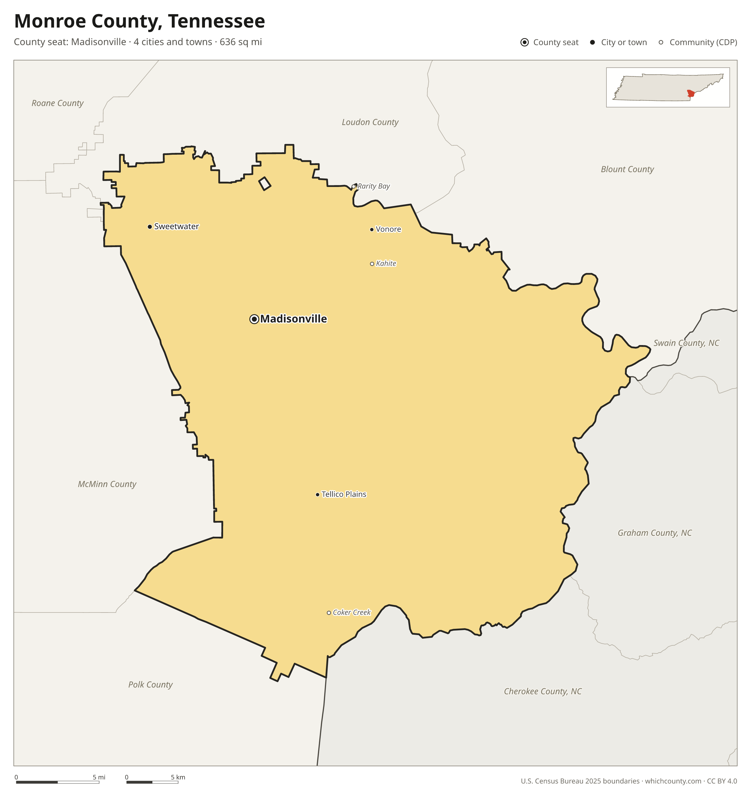 Map of Monroe County, Tennessee with cities, towns and the county boundary