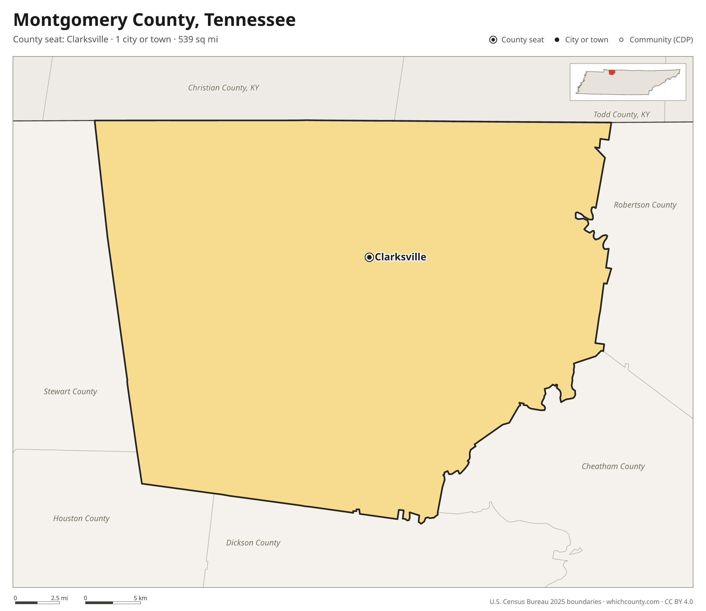 Map of Montgomery County, Tennessee with cities, towns and the county boundary