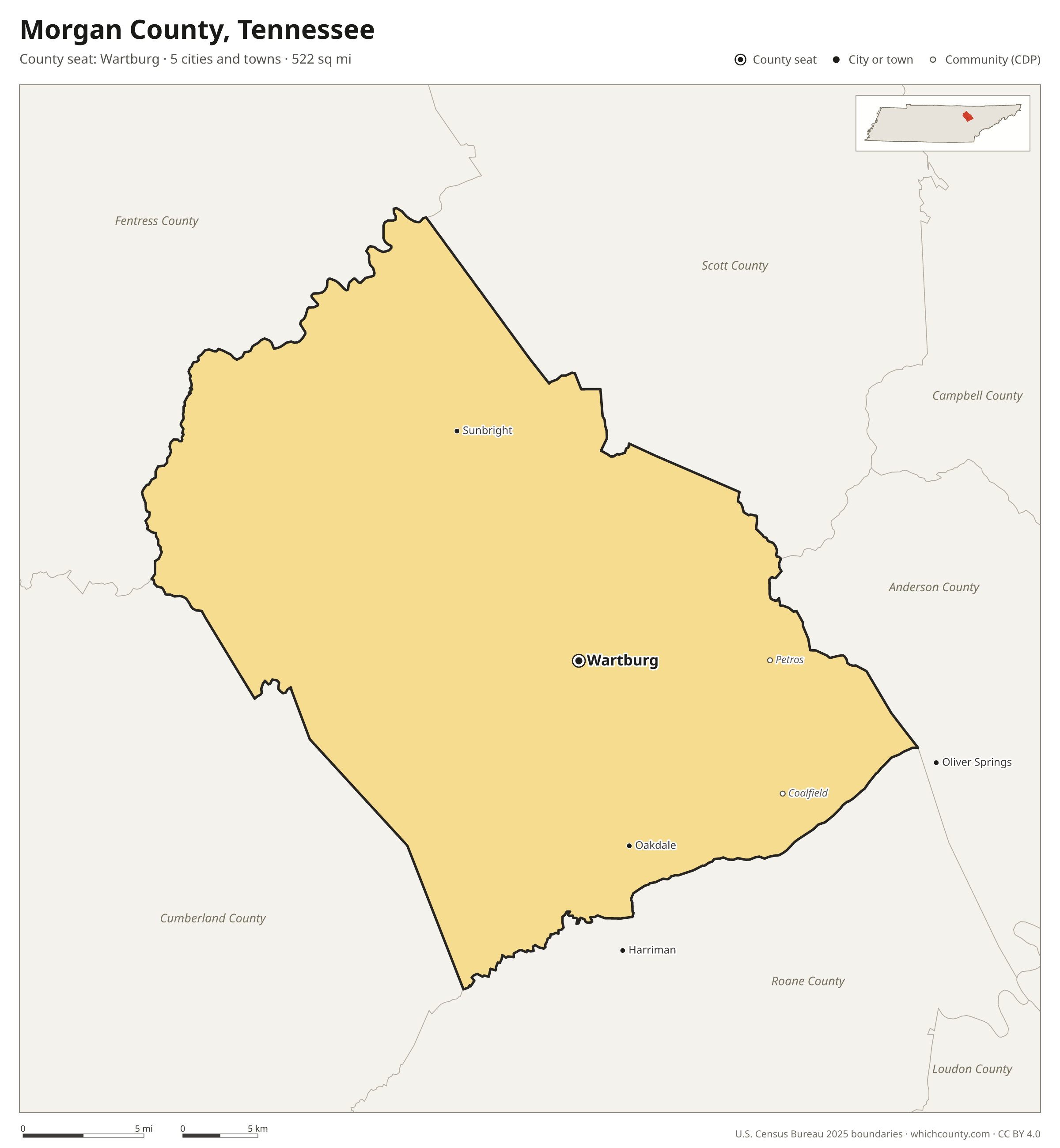 Map of Morgan County, Tennessee with cities, towns and the county boundary
