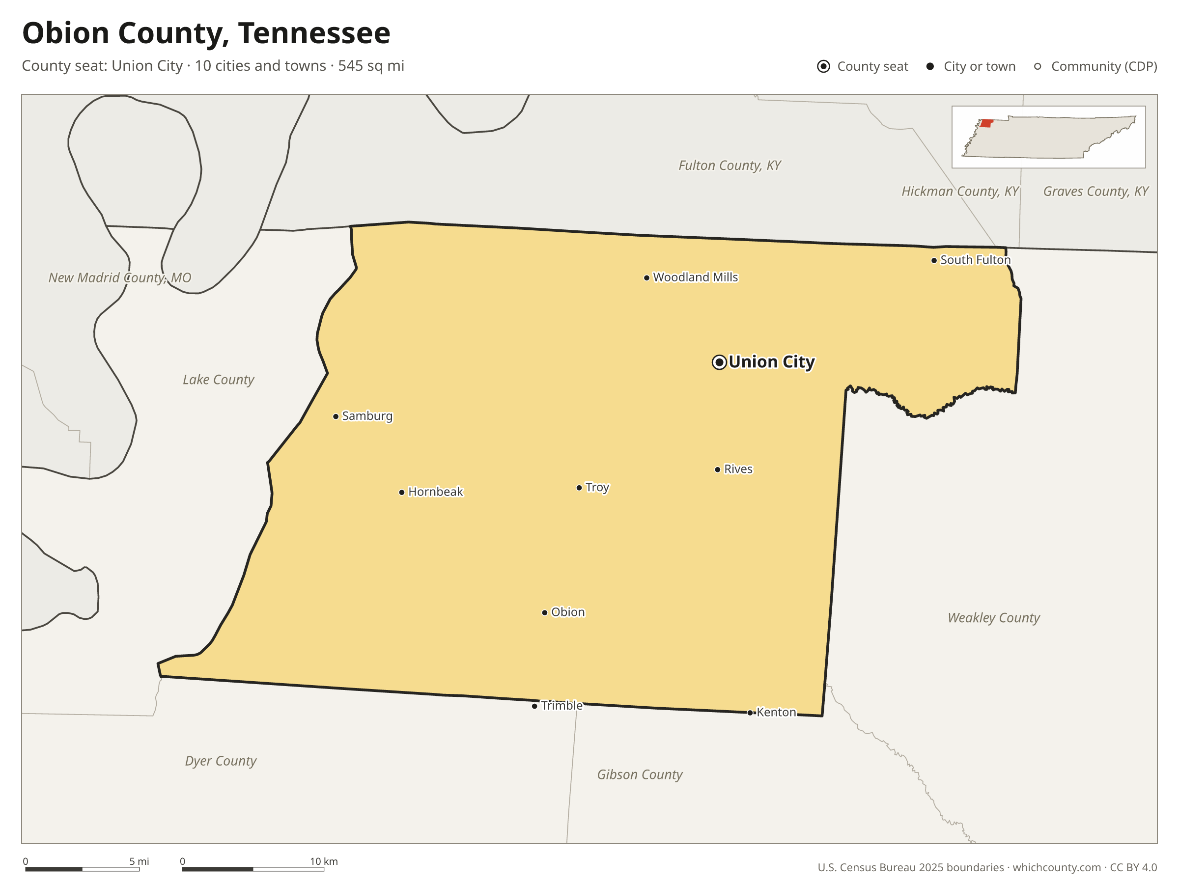 Map of Obion County, Tennessee with cities, towns and the county boundary