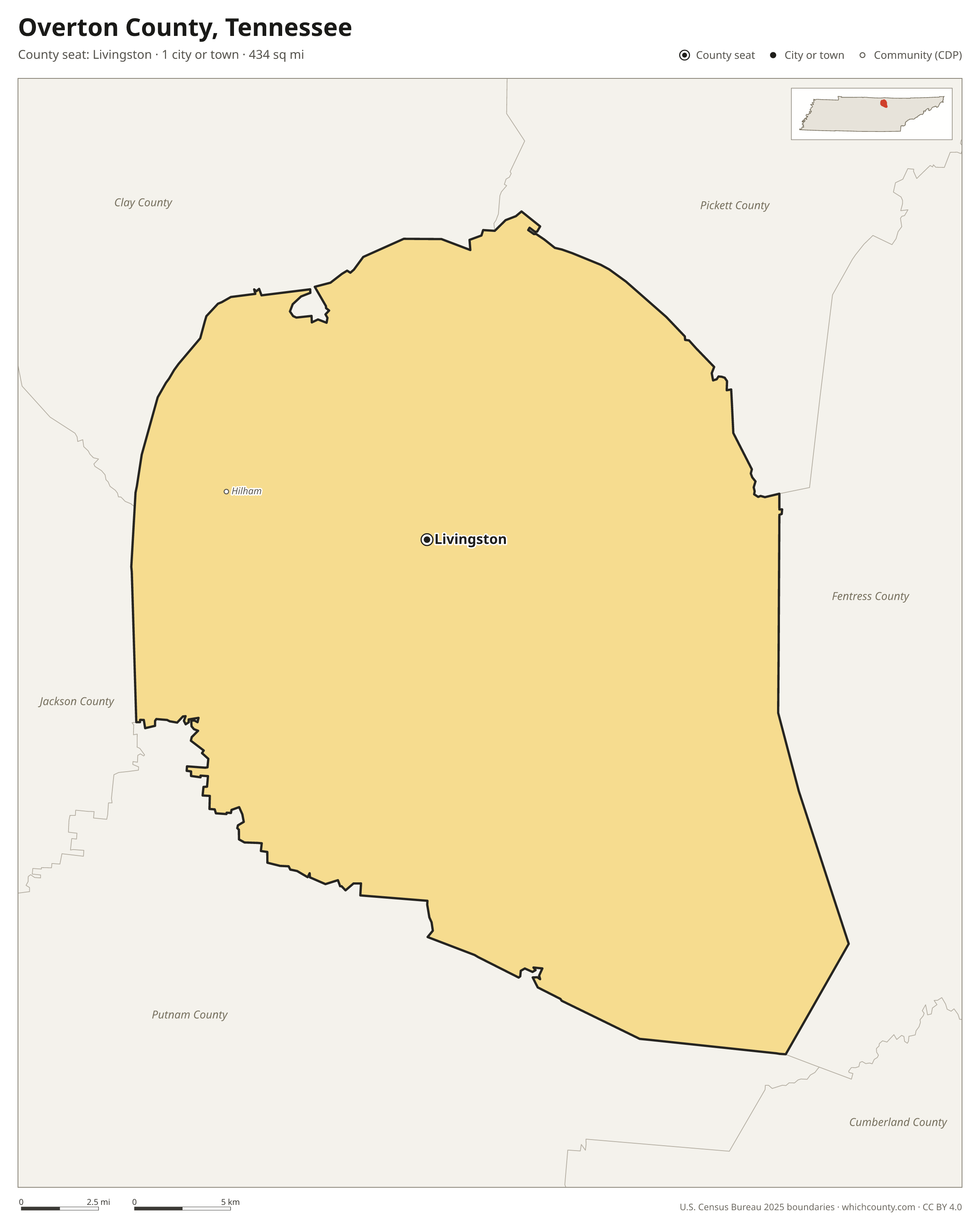 Map of Overton County, Tennessee with cities, towns and the county boundary