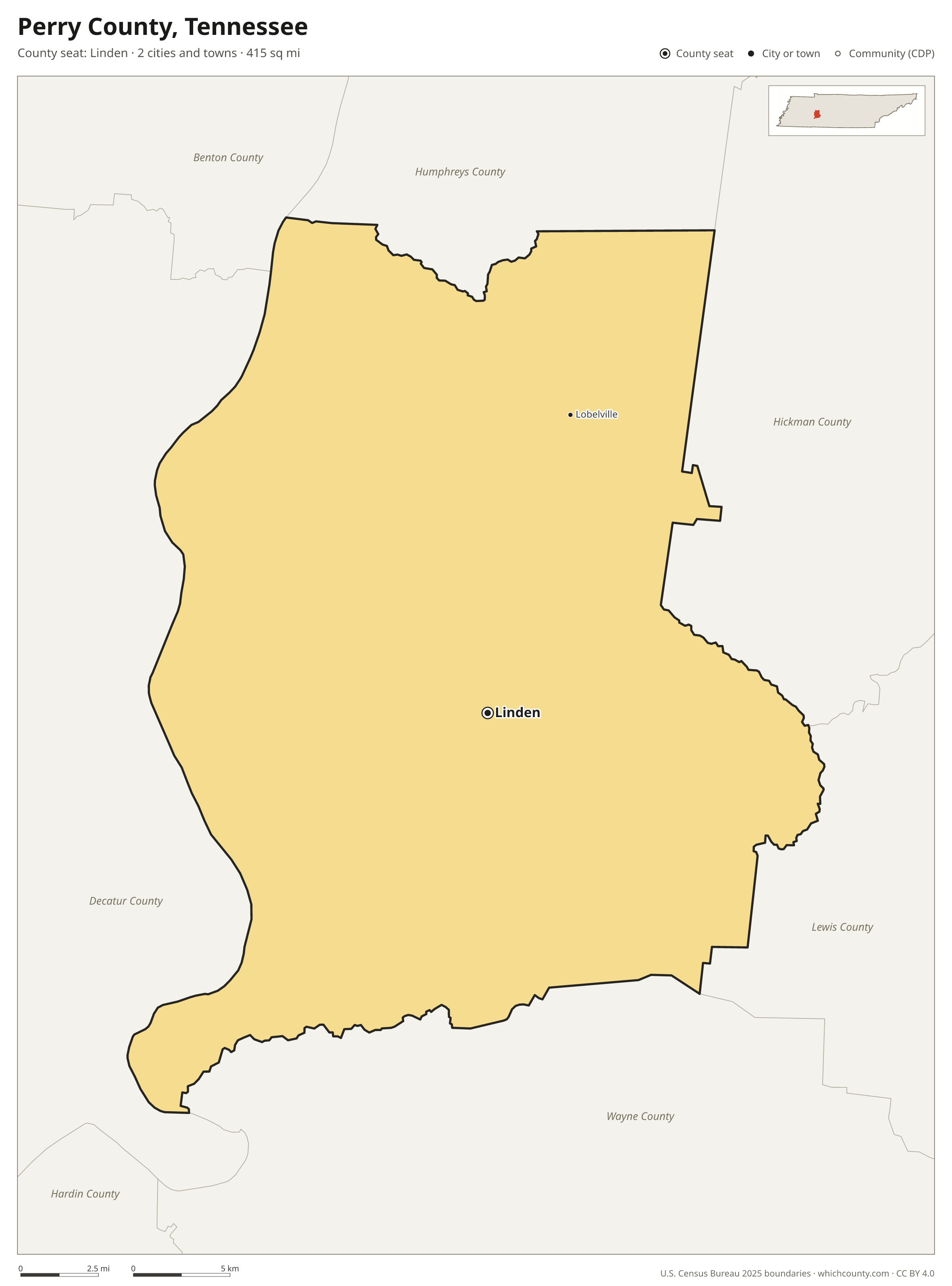 Map of Perry County, Tennessee with cities, towns and the county boundary