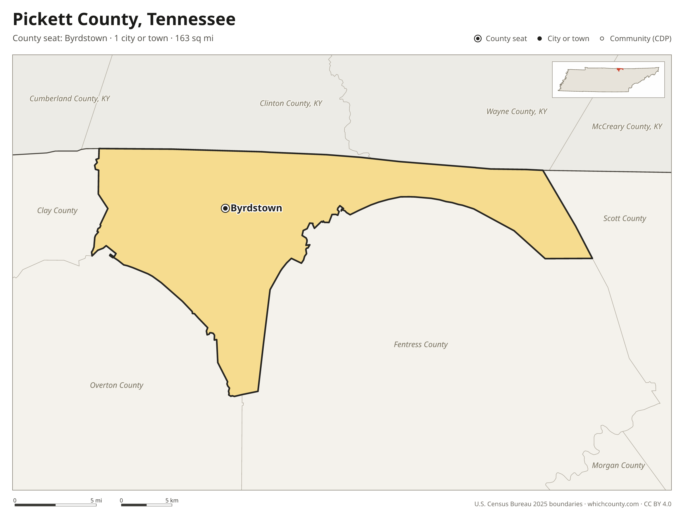 Map of Pickett County, Tennessee with cities, towns and the county boundary
