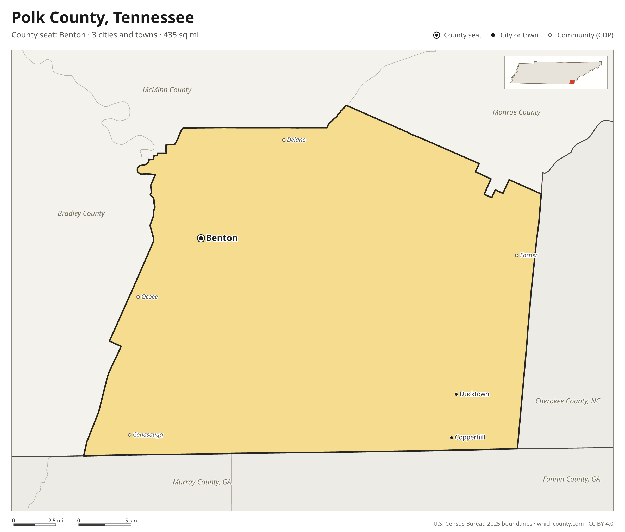 Map of Polk County, Tennessee with cities, towns and the county boundary