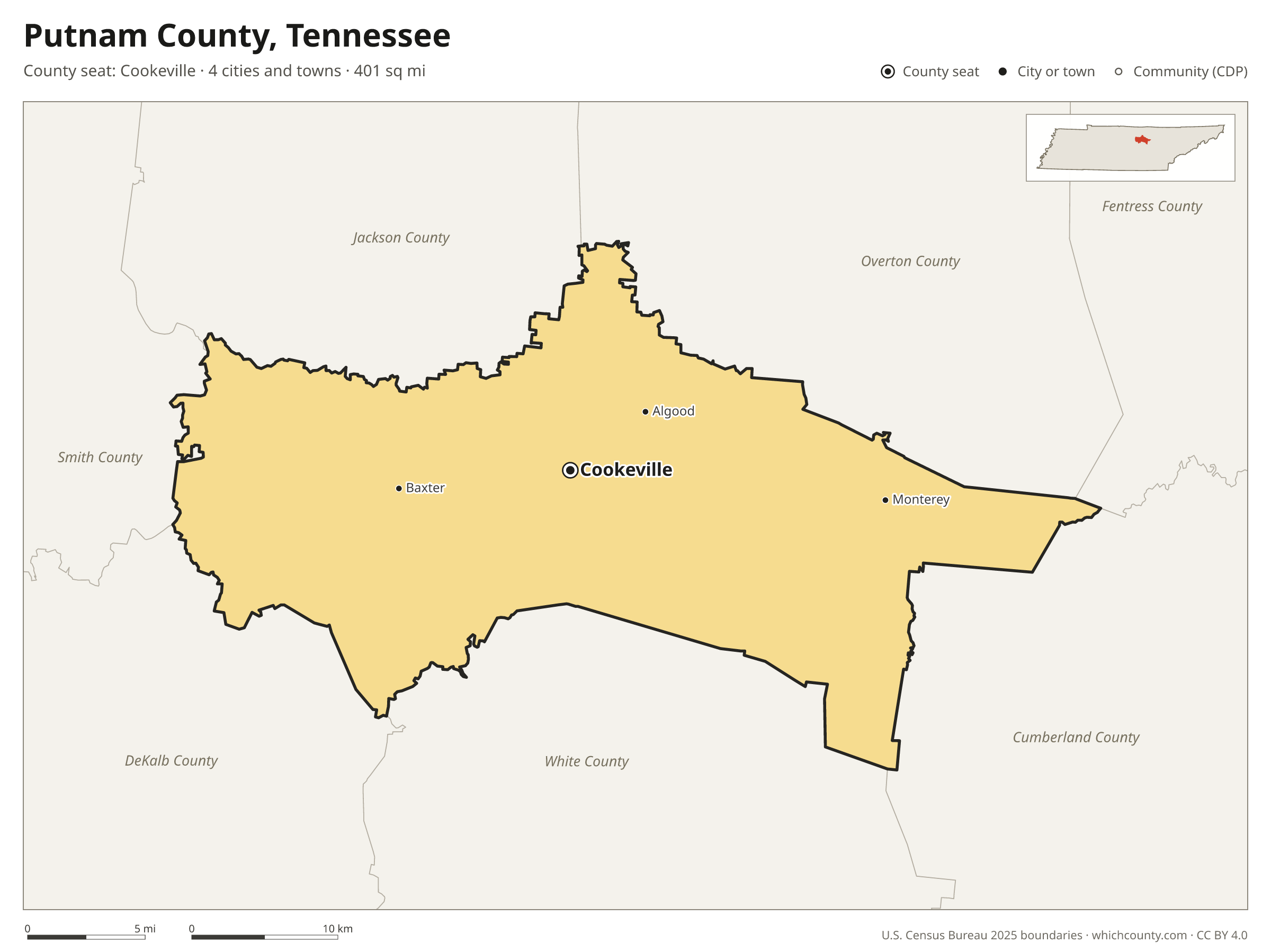 Map of Putnam County, Tennessee with cities, towns and the county boundary