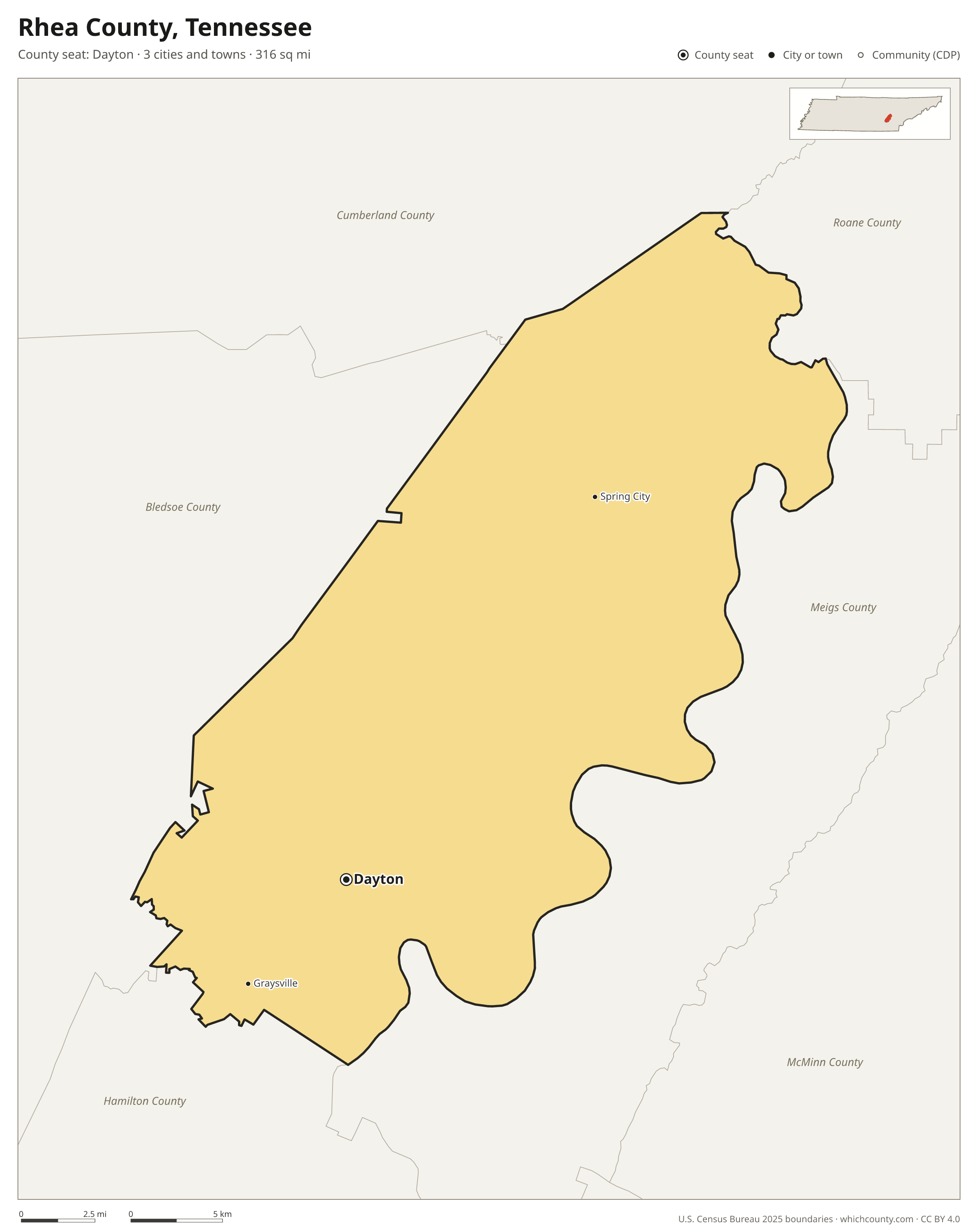 Map of Rhea County, Tennessee with cities, towns and the county boundary