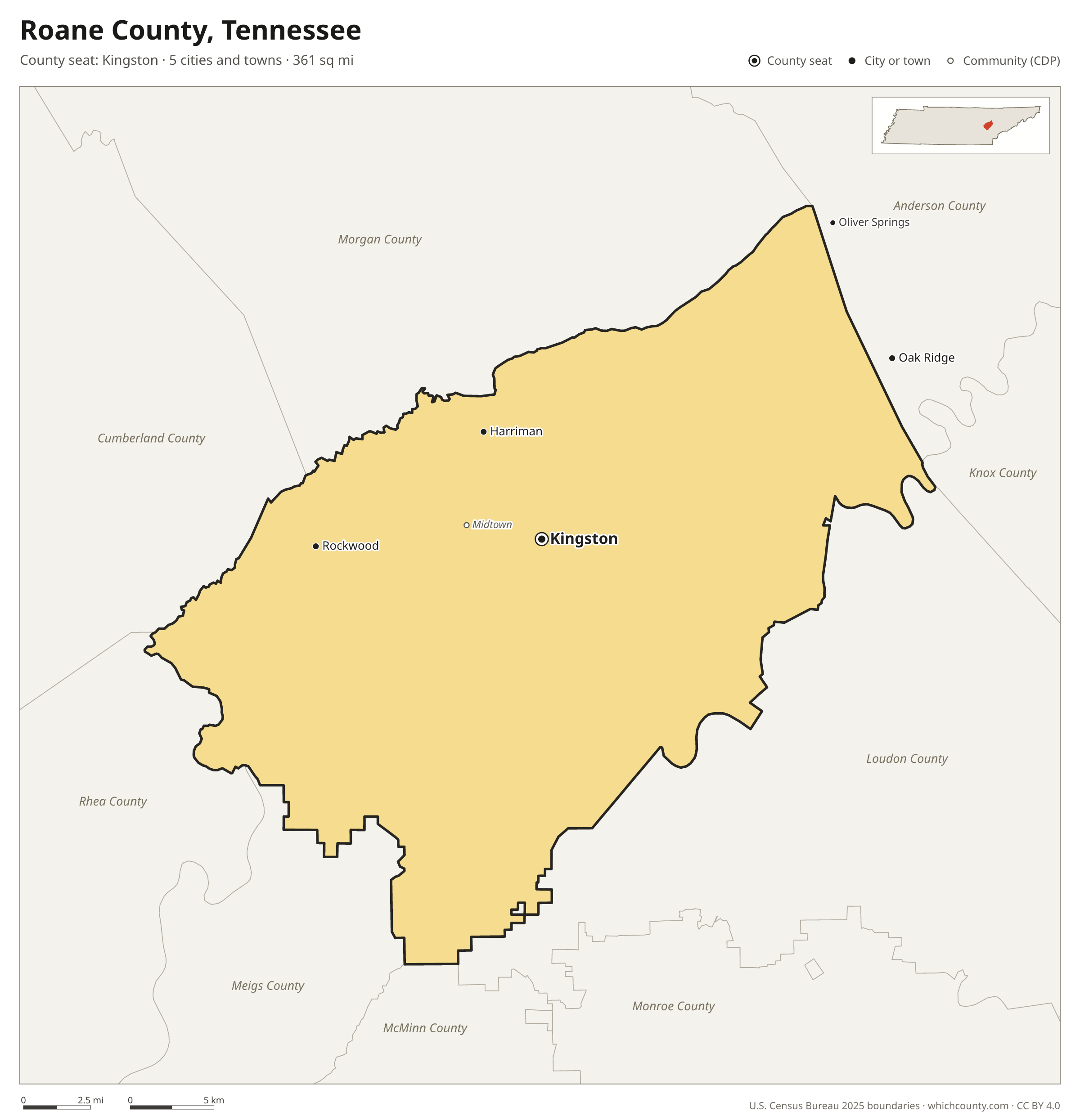 Map of Roane County, Tennessee with cities, towns and the county boundary