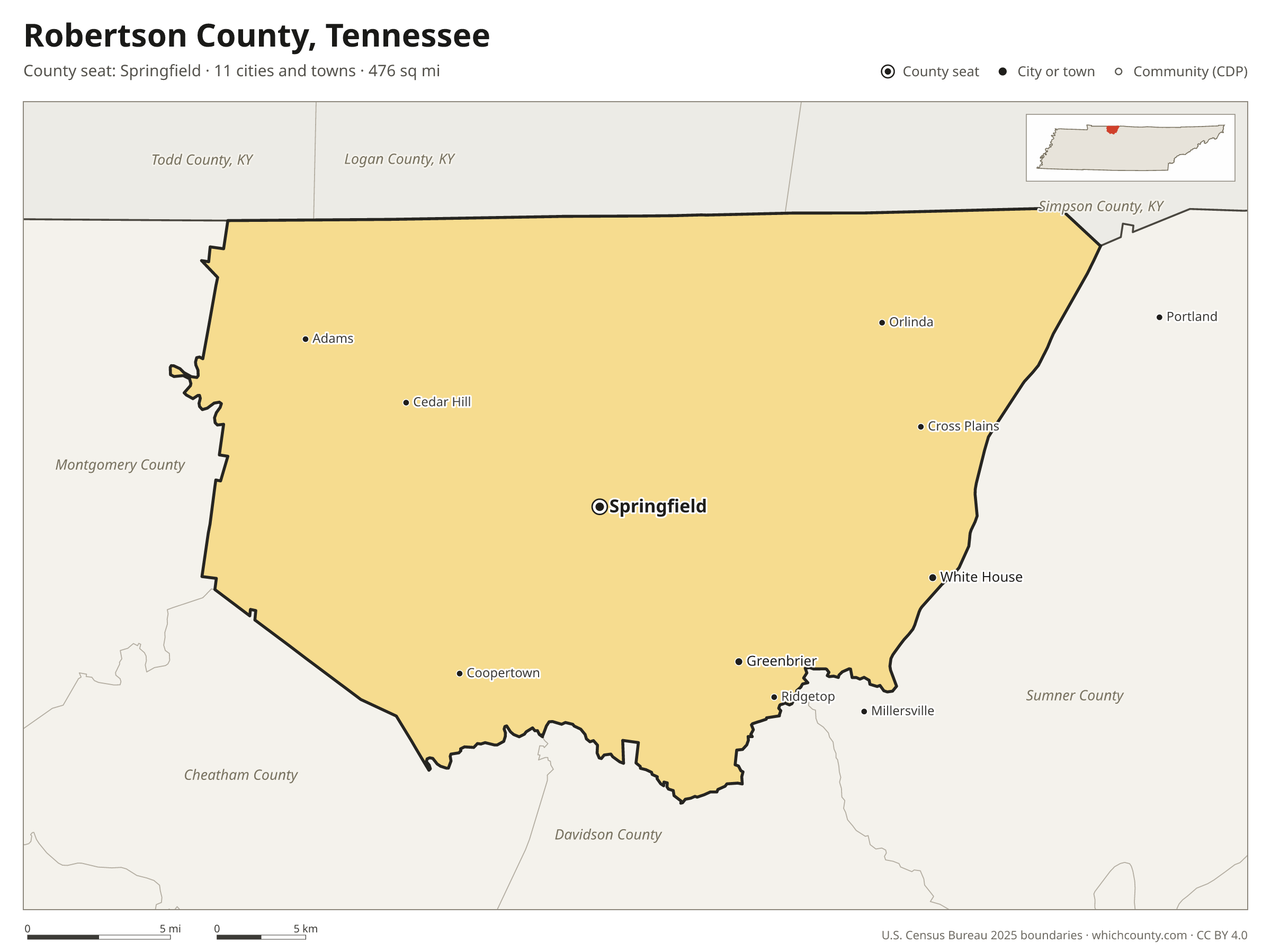 Map of Robertson County, Tennessee with cities, towns and the county boundary