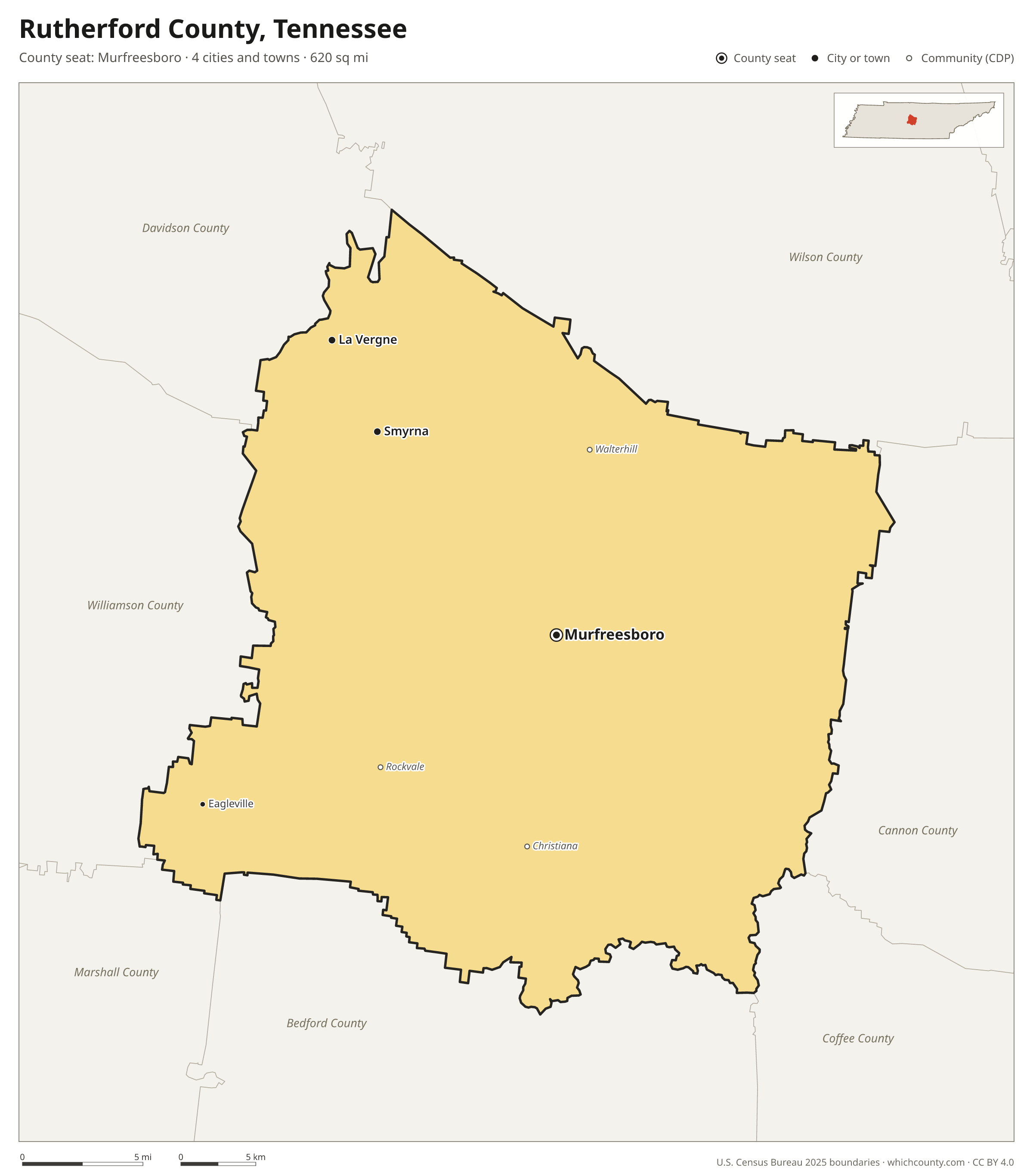 Map of Rutherford County, Tennessee with cities, towns and the county boundary