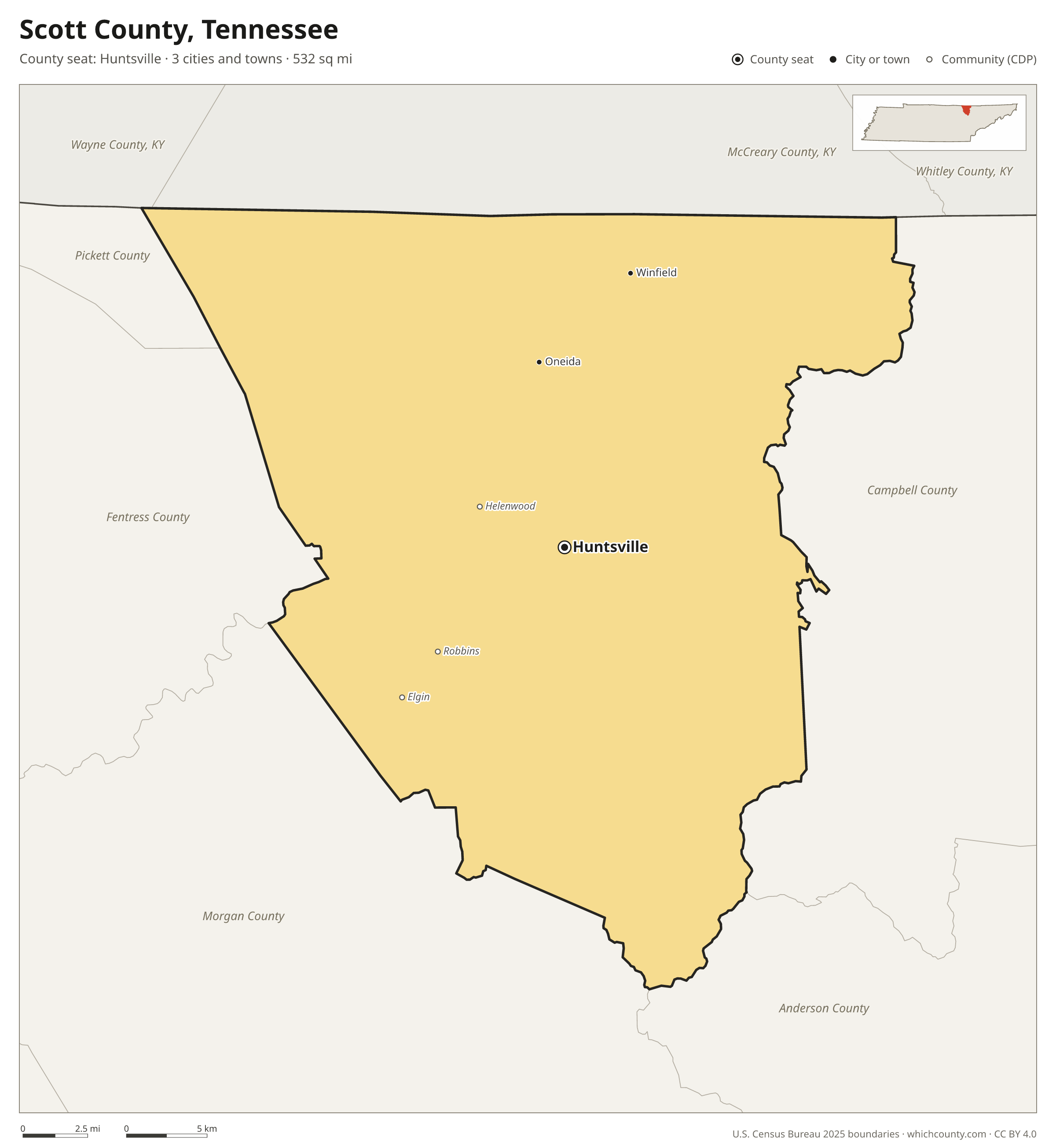 Map of Scott County, Tennessee with cities, towns and the county boundary
