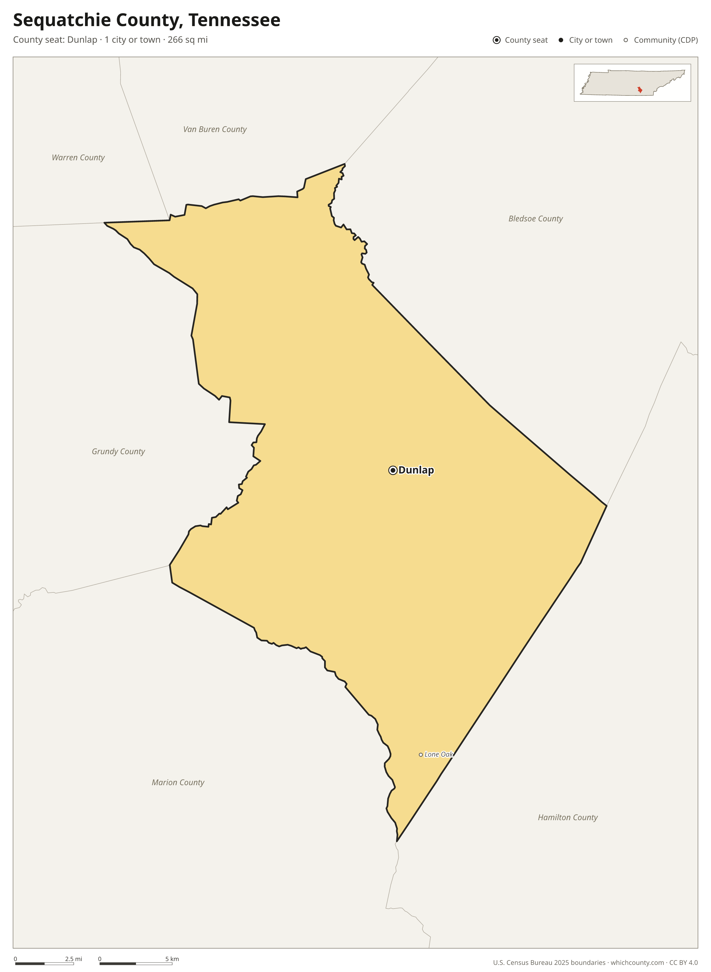 Map of Sequatchie County, Tennessee with cities, towns and the county boundary