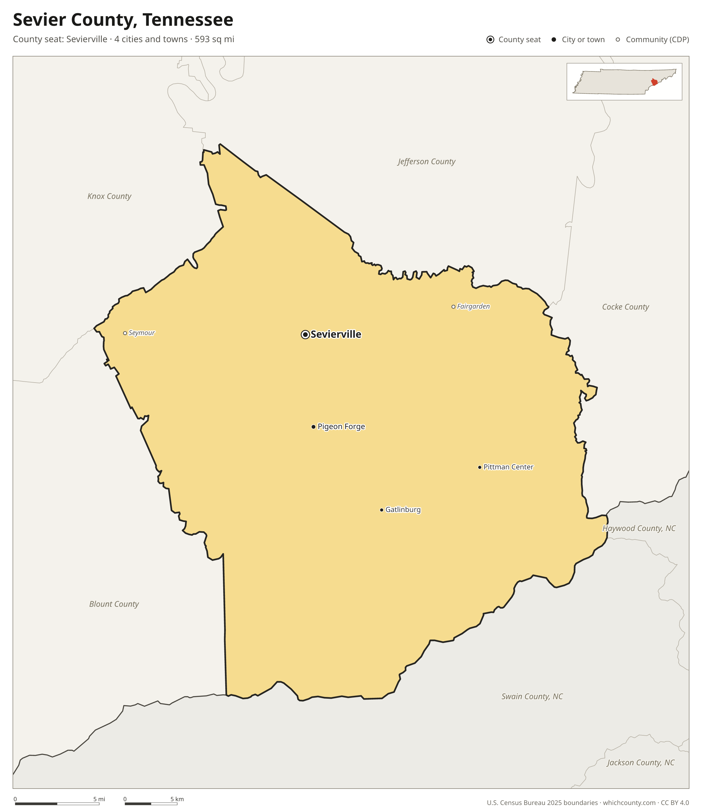 Map of Sevier County, Tennessee with cities, towns and the county boundary