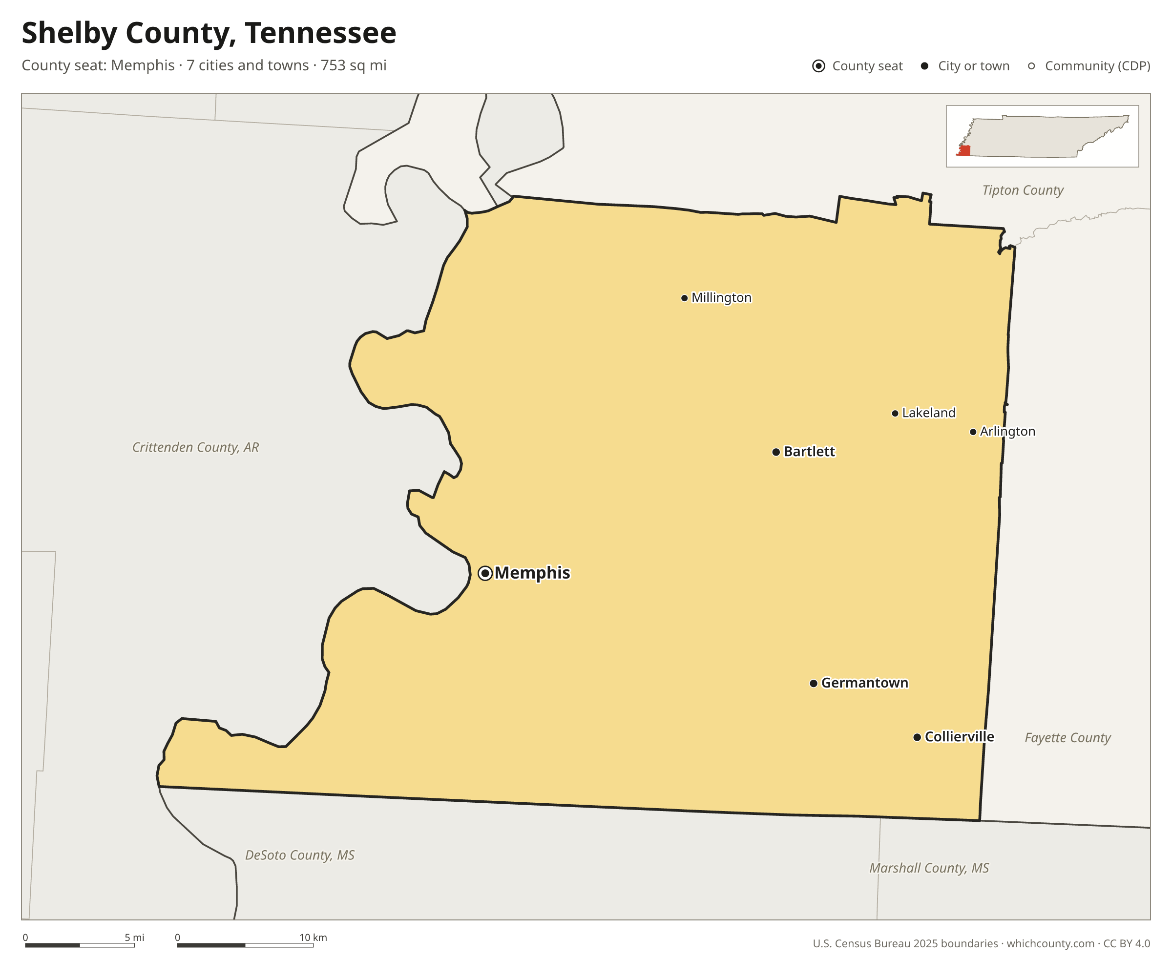 Map of Shelby County, Tennessee with cities, towns and the county boundary