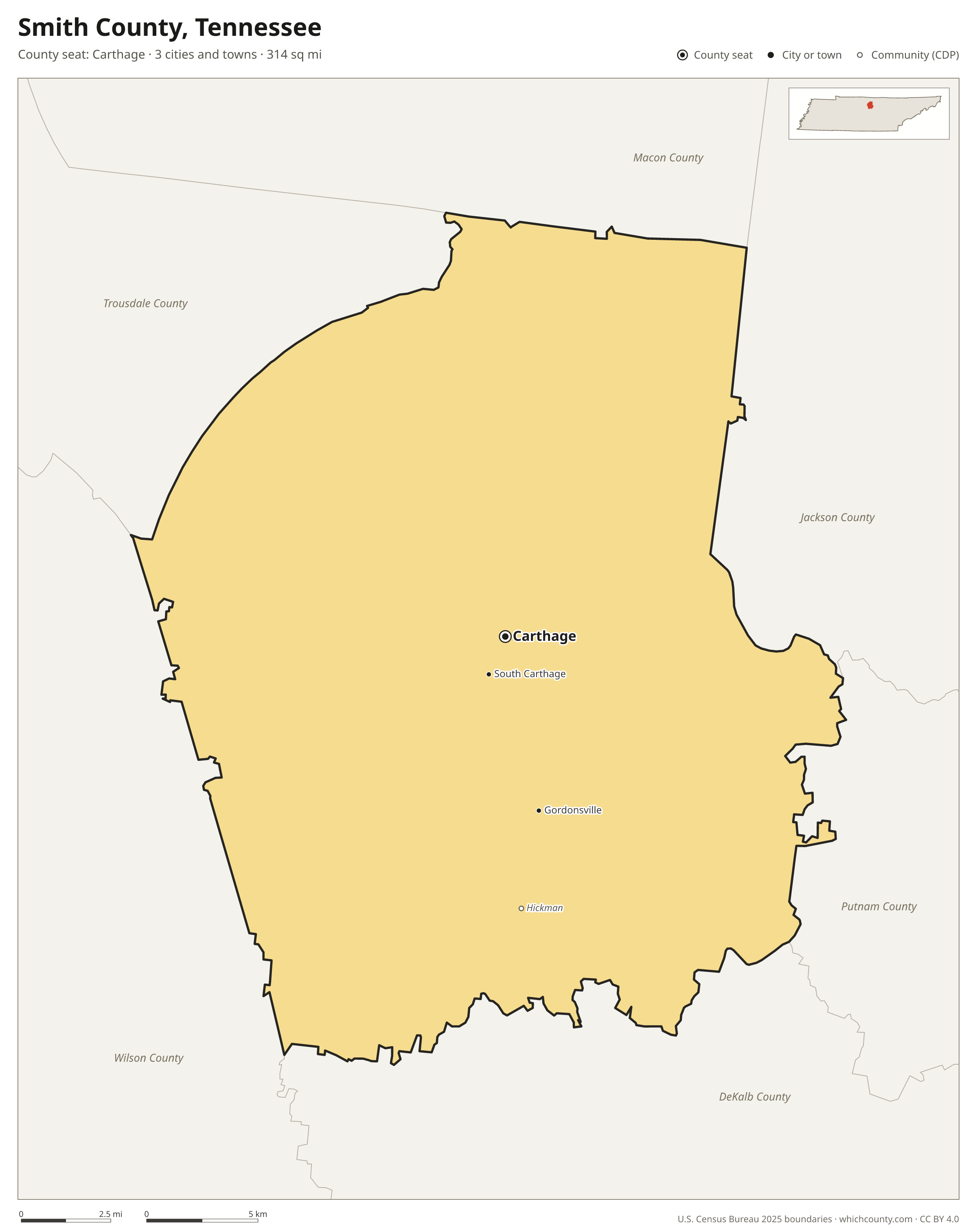 Map of Smith County, Tennessee with cities, towns and the county boundary
