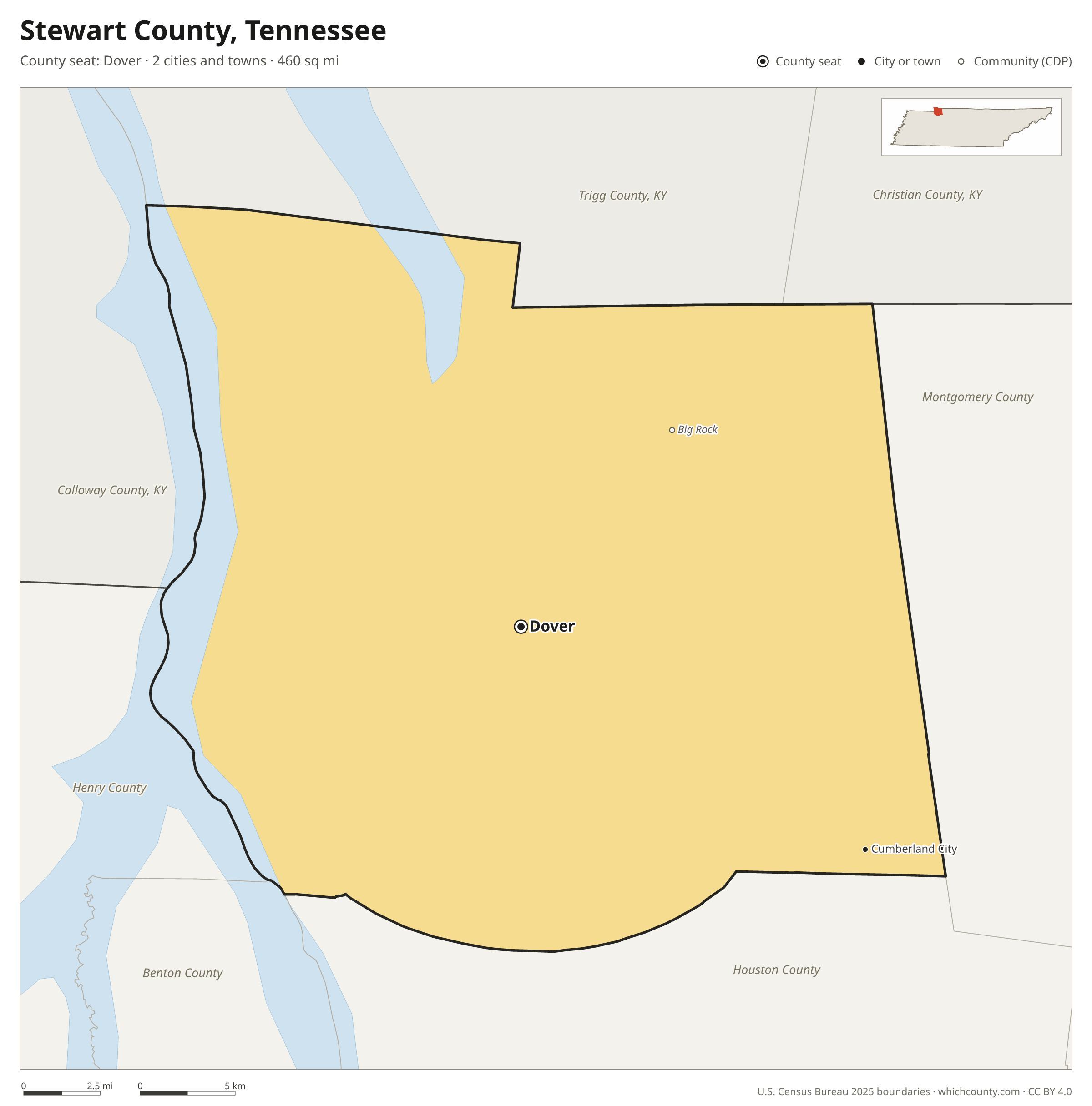 Map of Stewart County, Tennessee with cities, towns and the county boundary