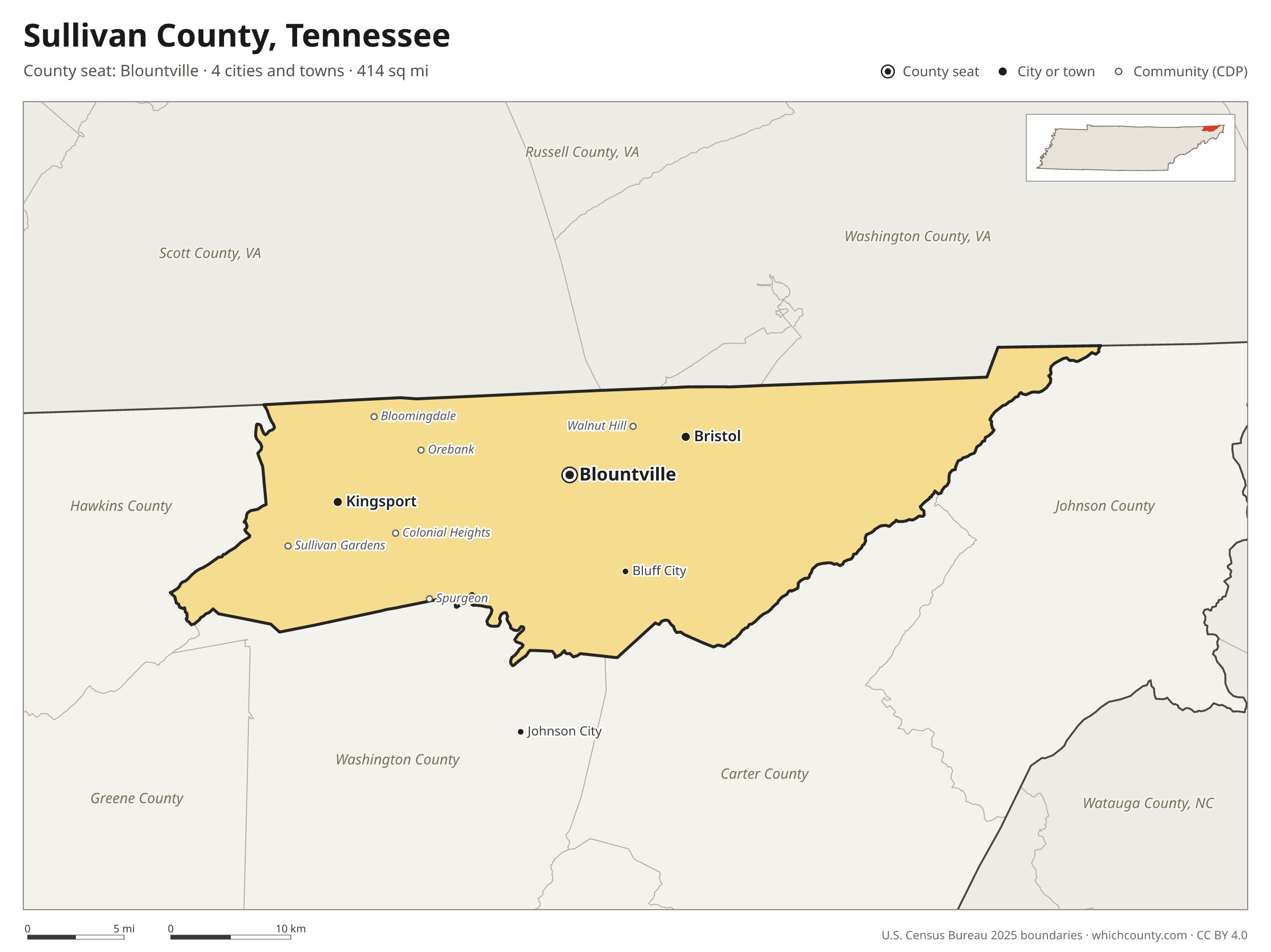 Map of Sullivan County, Tennessee with cities, towns and the county boundary
