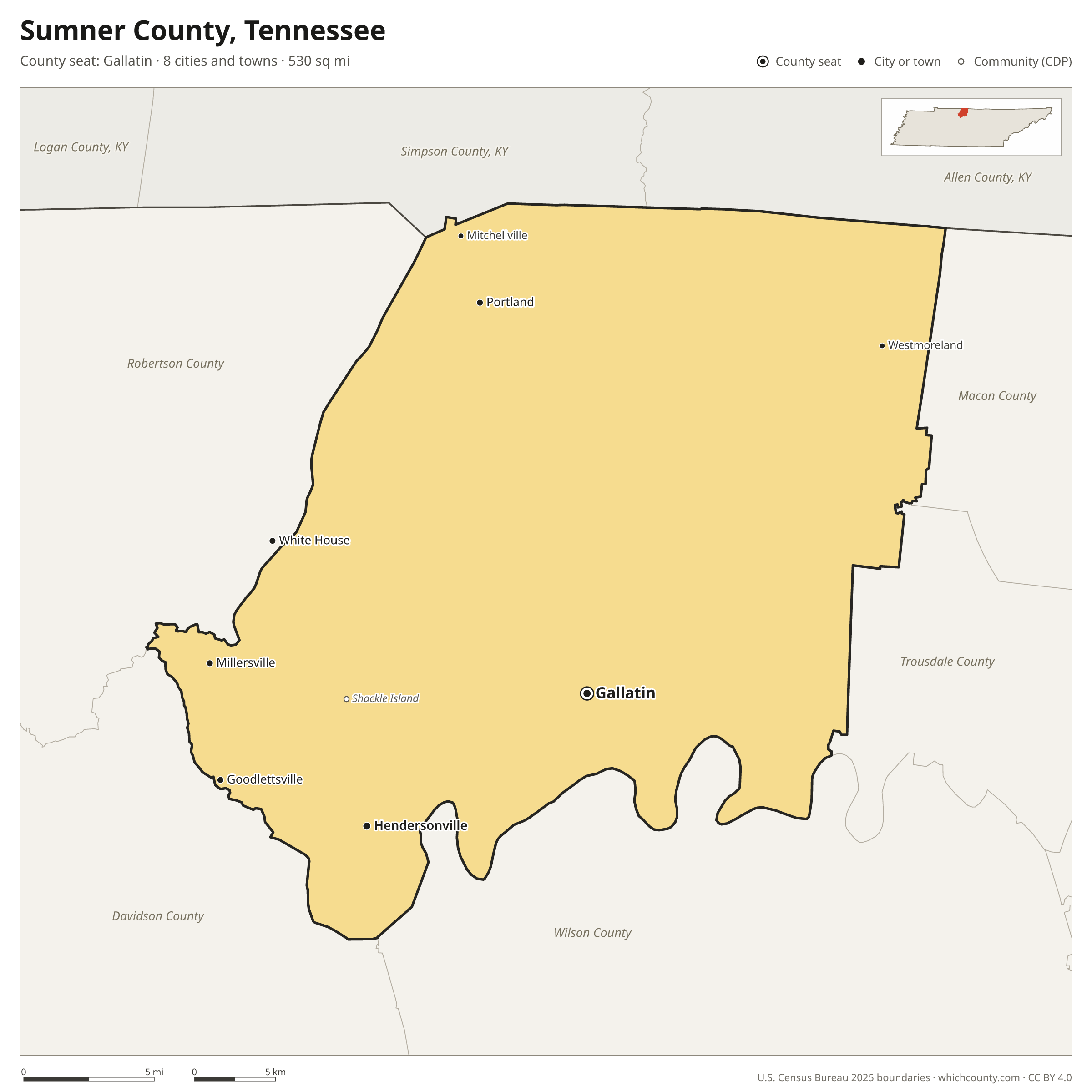 Map of Sumner County, Tennessee with cities, towns and the county boundary