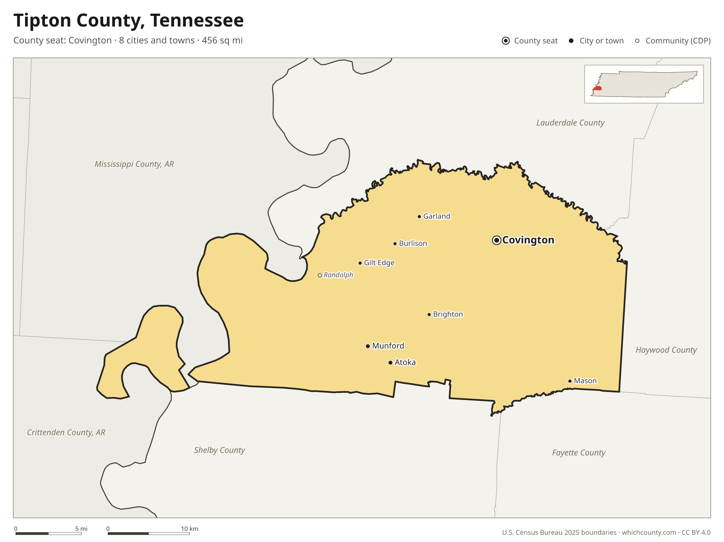 Map of Tipton County, Tennessee with cities, towns and the county boundary