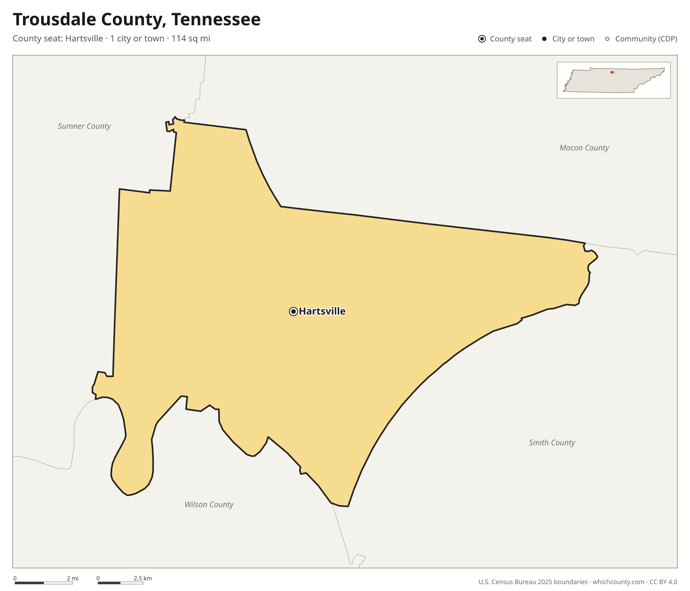 Map of Trousdale County, Tennessee with cities, towns and the county boundary