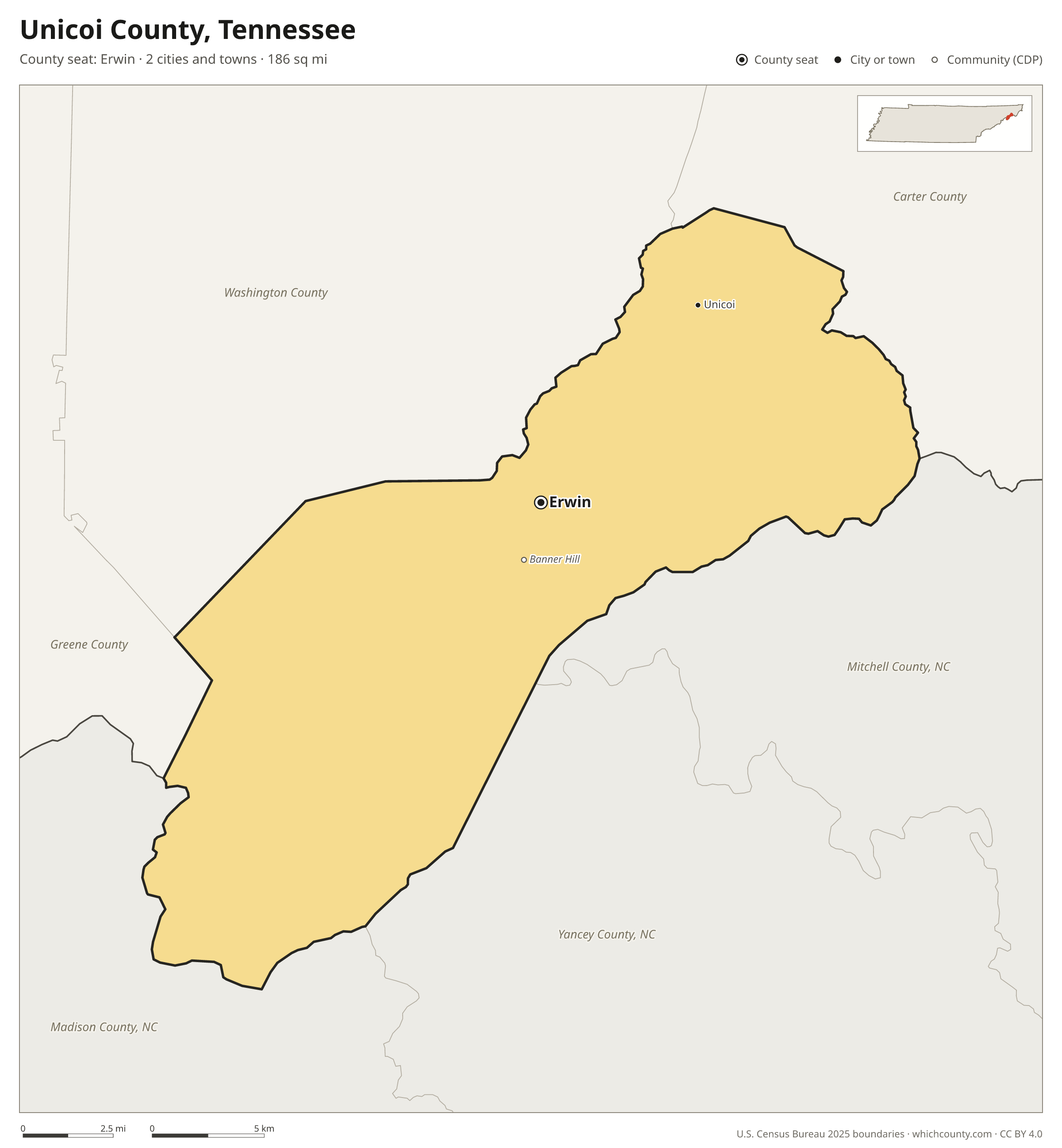 Map of Unicoi County, Tennessee with cities, towns and the county boundary