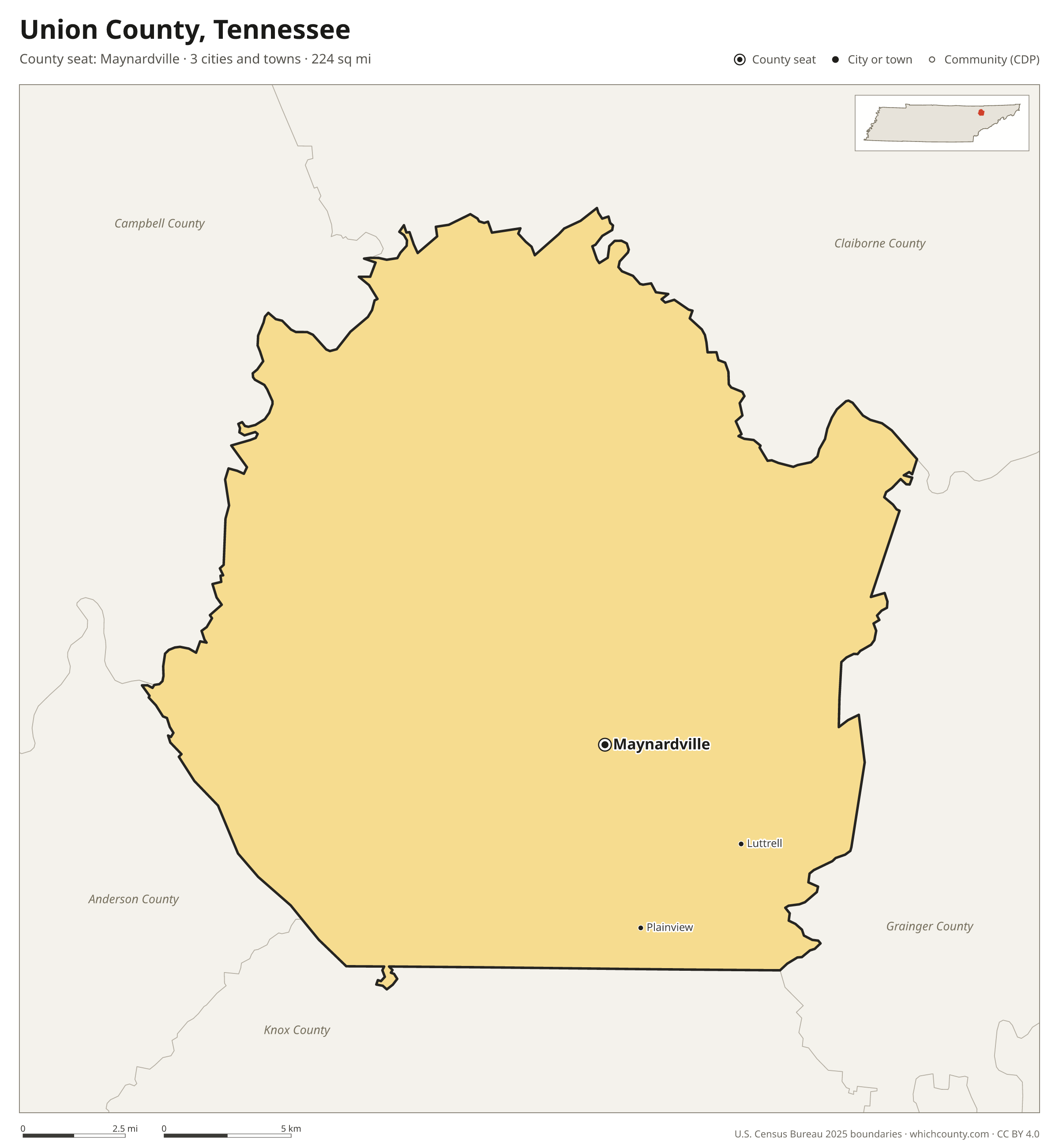 Map of Union County, Tennessee with cities, towns and the county boundary