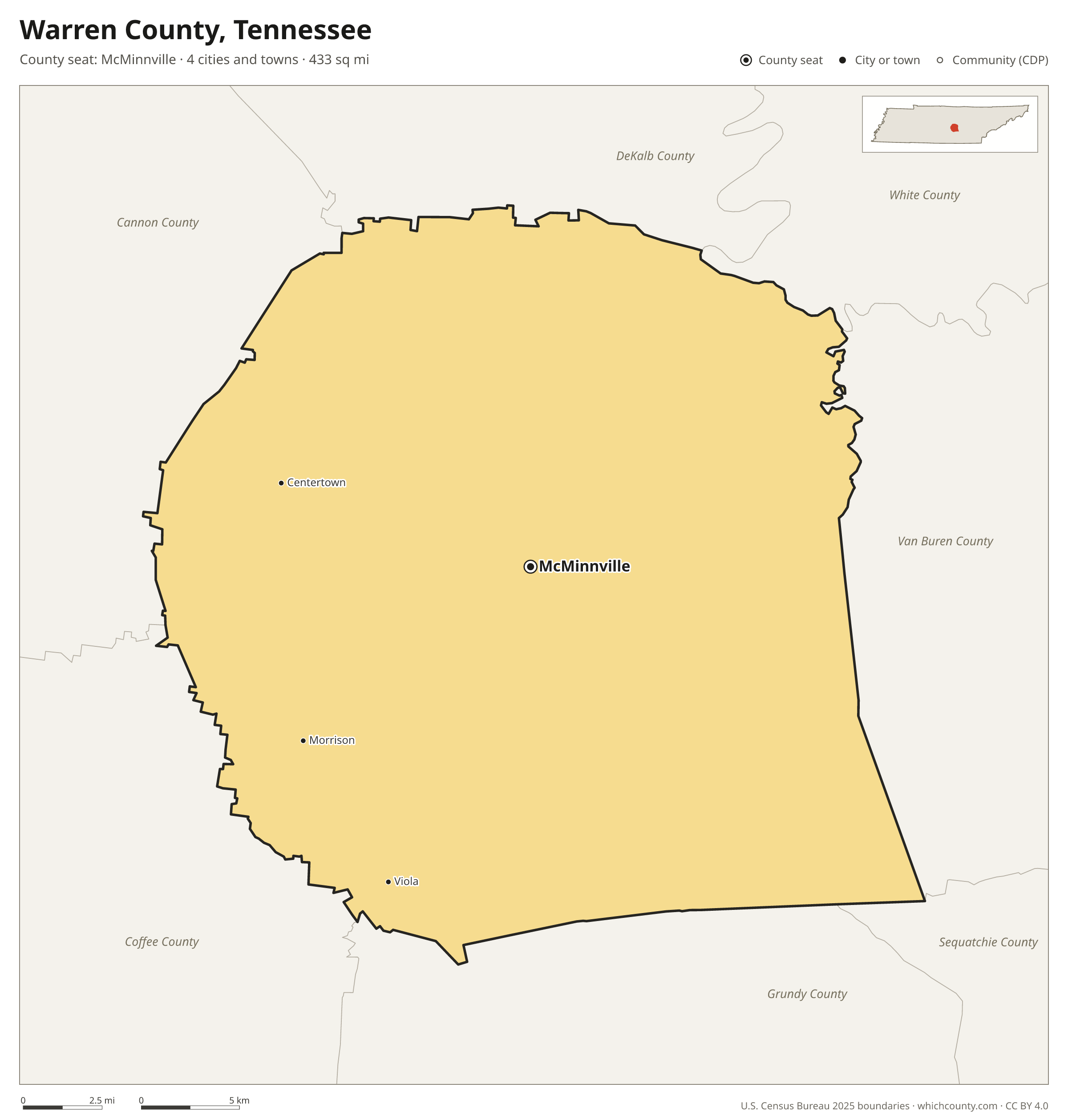 Map of Warren County, Tennessee with cities, towns and the county boundary
