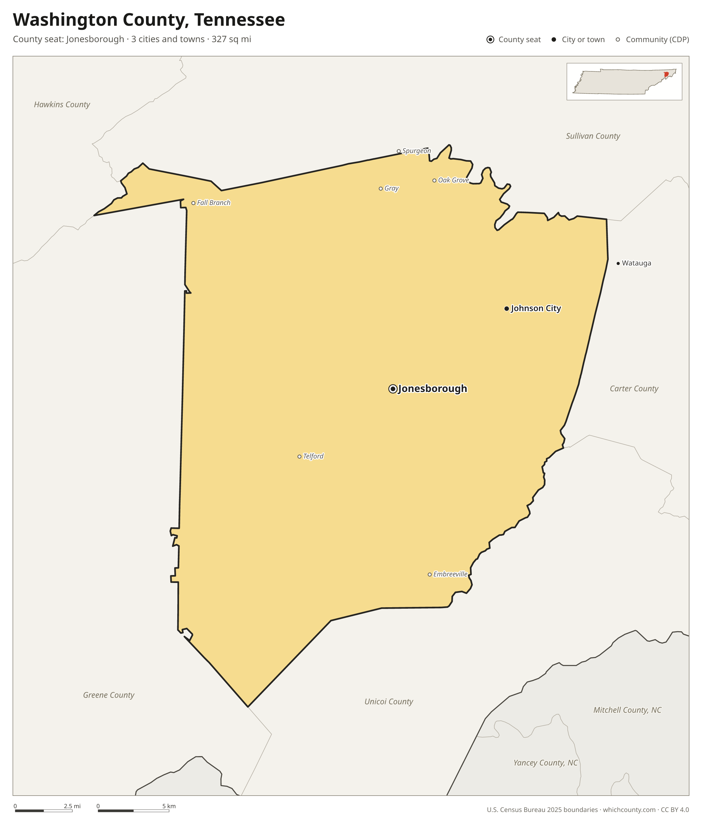 Map of Washington County, Tennessee with cities, towns and the county boundary