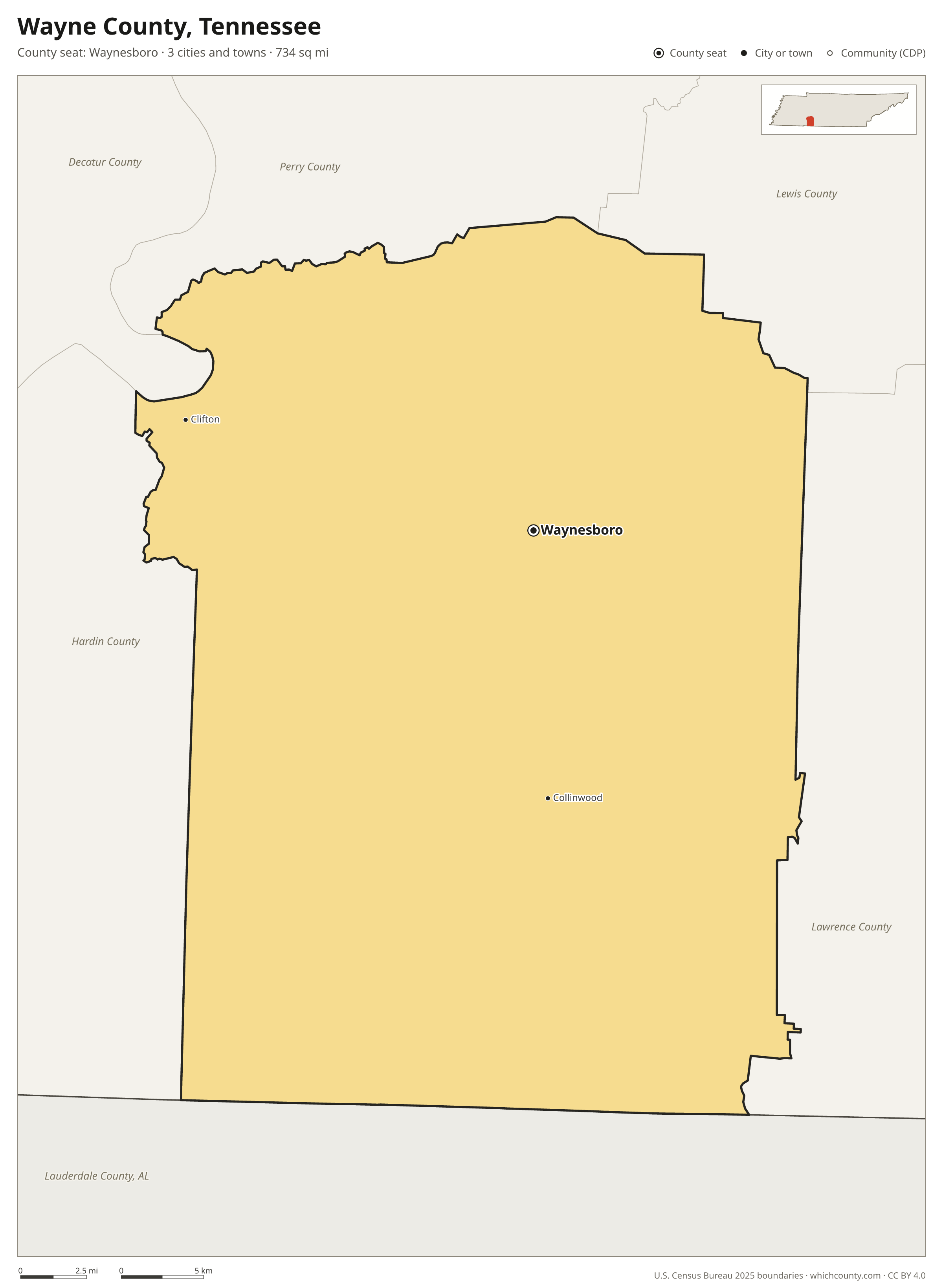 Map of Wayne County, Tennessee with cities, towns and the county boundary