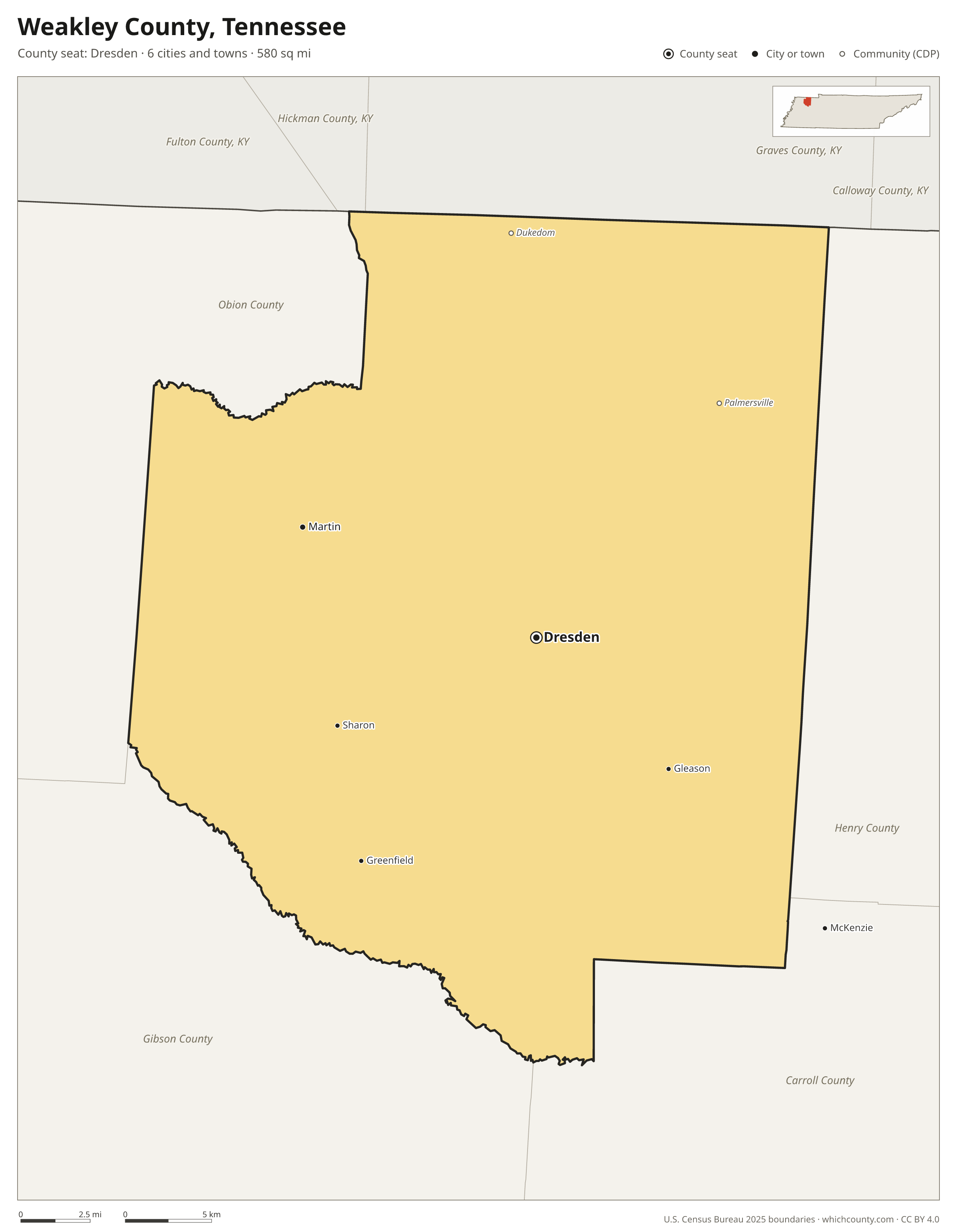 Map of Weakley County, Tennessee with cities, towns and the county boundary