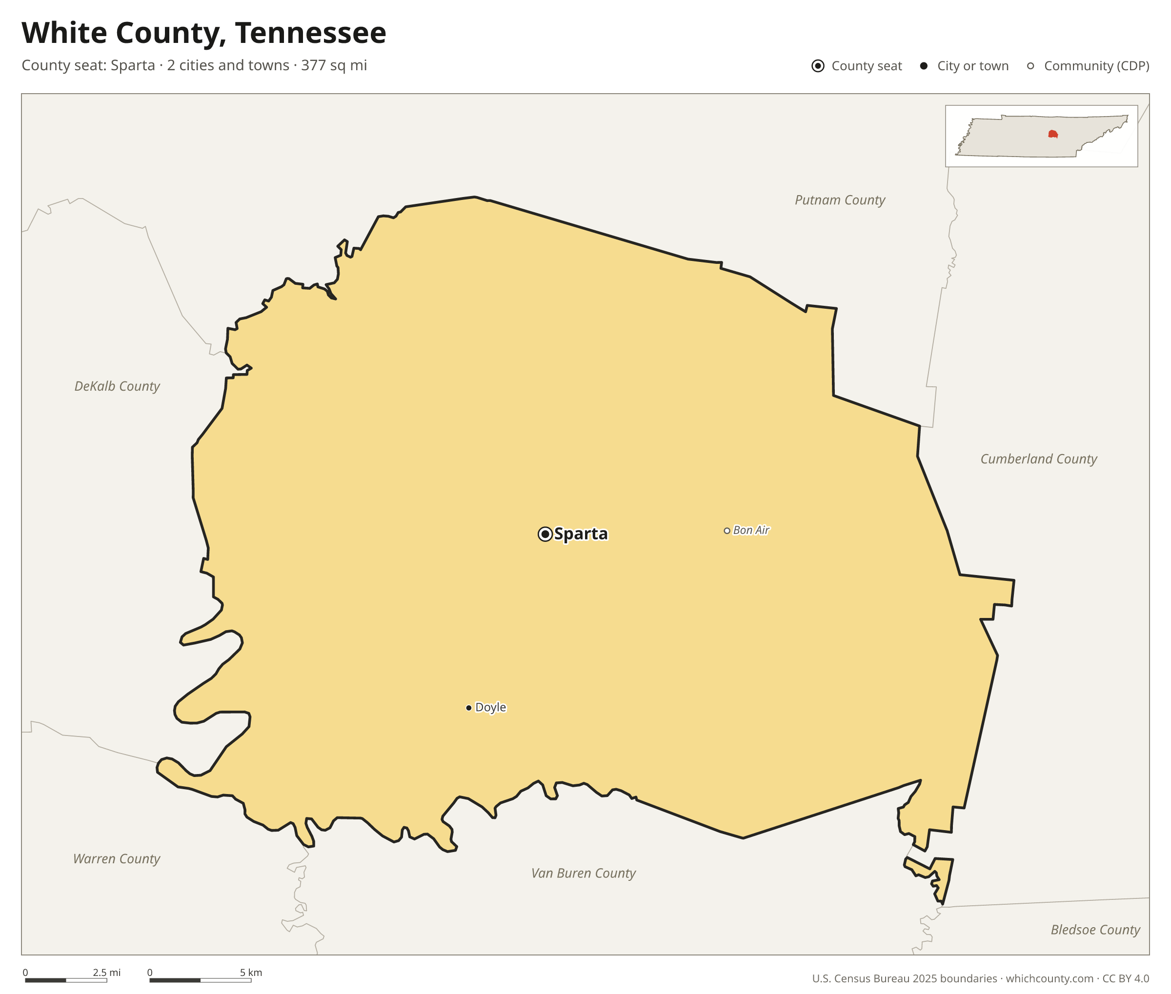 Map of White County, Tennessee with cities, towns and the county boundary