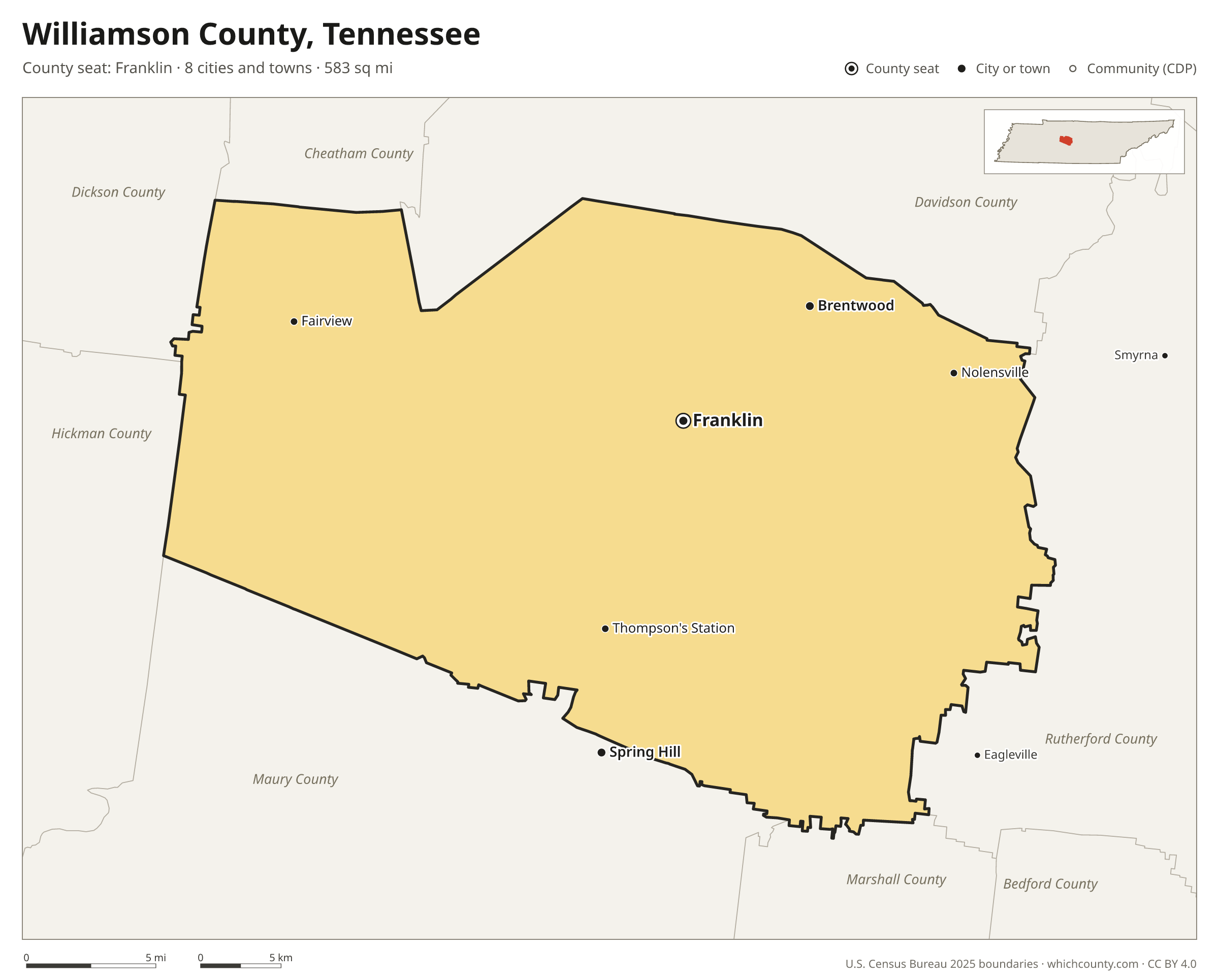 Map of Williamson County, Tennessee with cities, towns and the county boundary