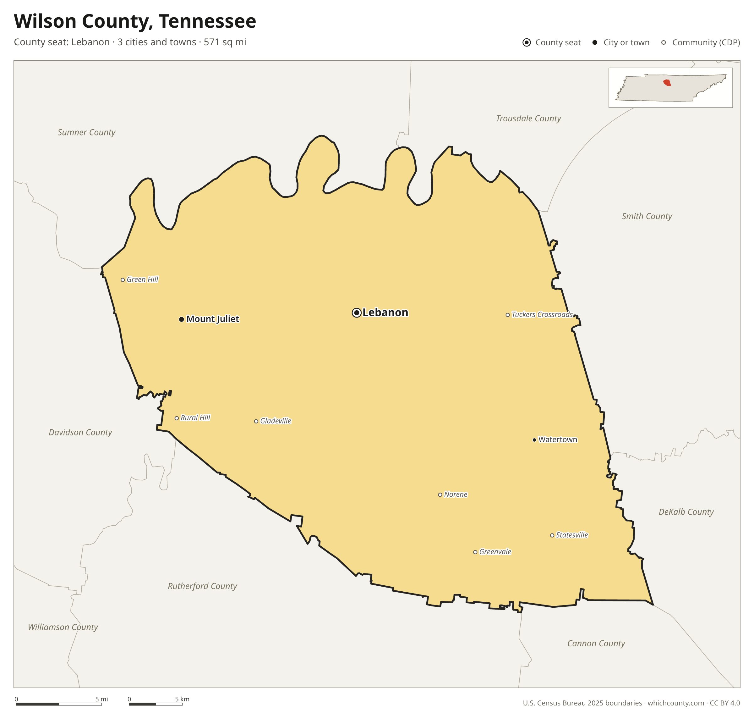 Map of Wilson County, Tennessee with cities, towns and the county boundary