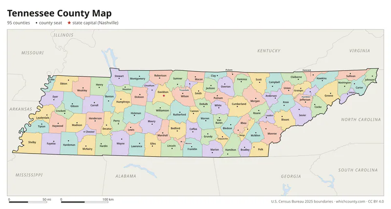 Tennessee county map with all 95 counties labeled