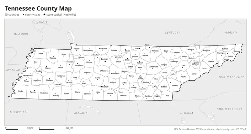 Black and white Tennessee county map