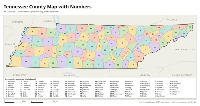 Tennessee county map with numbers