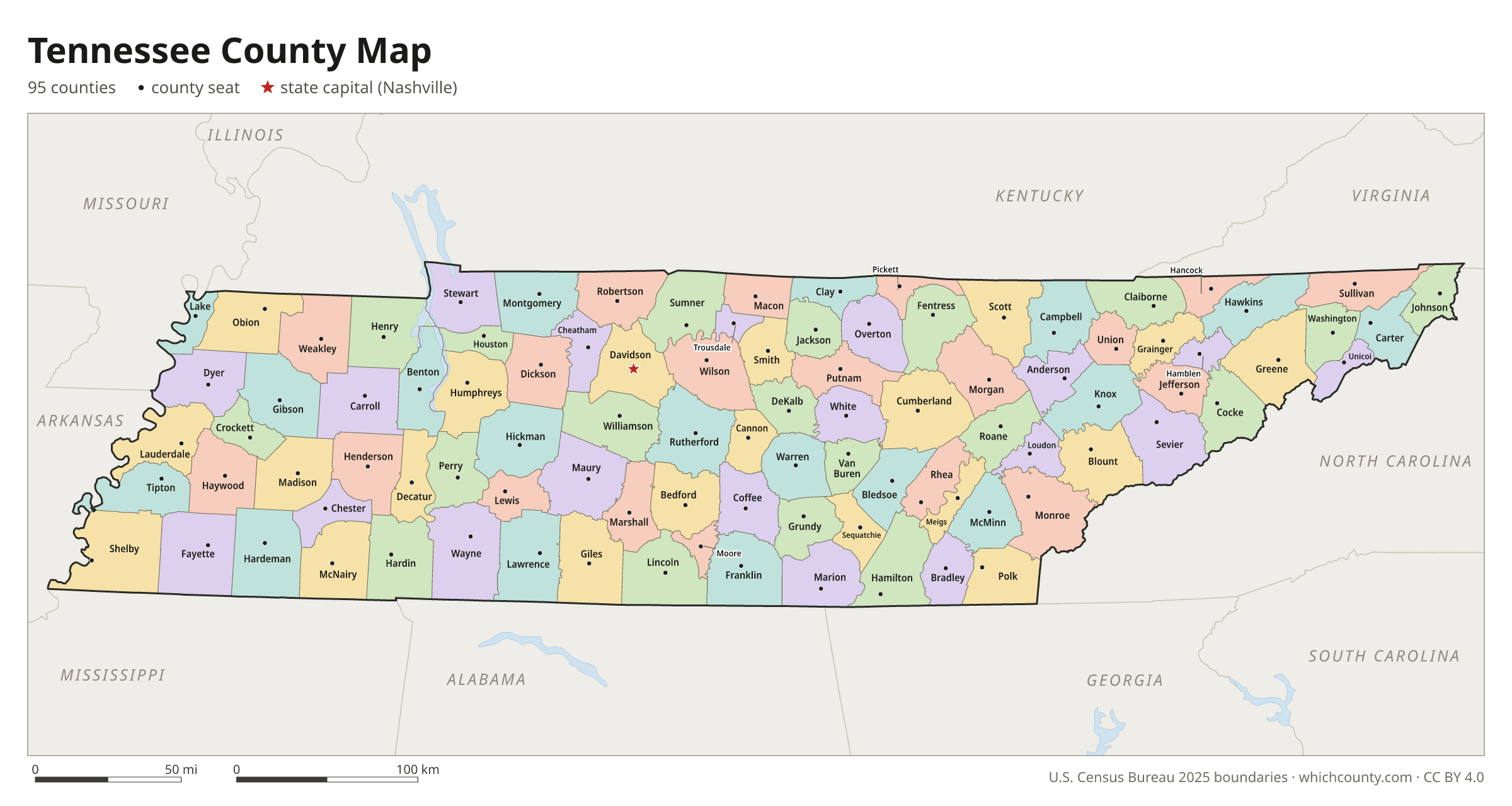 Tennessee county map showing all 95 counties with county names and county seats