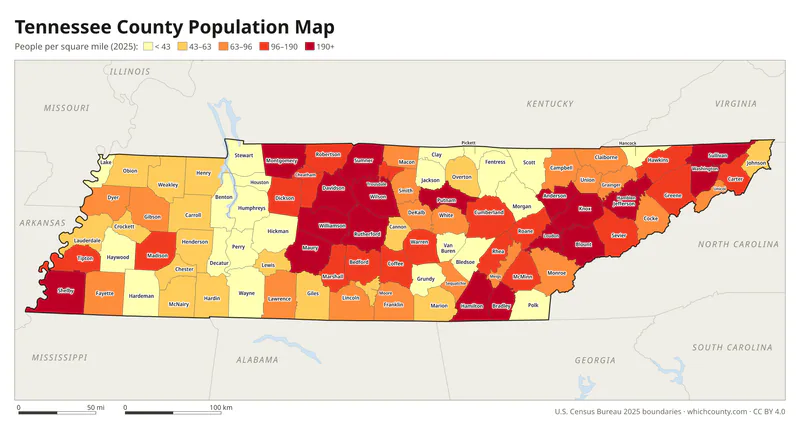 Map of Tennessee counties shaded by population density