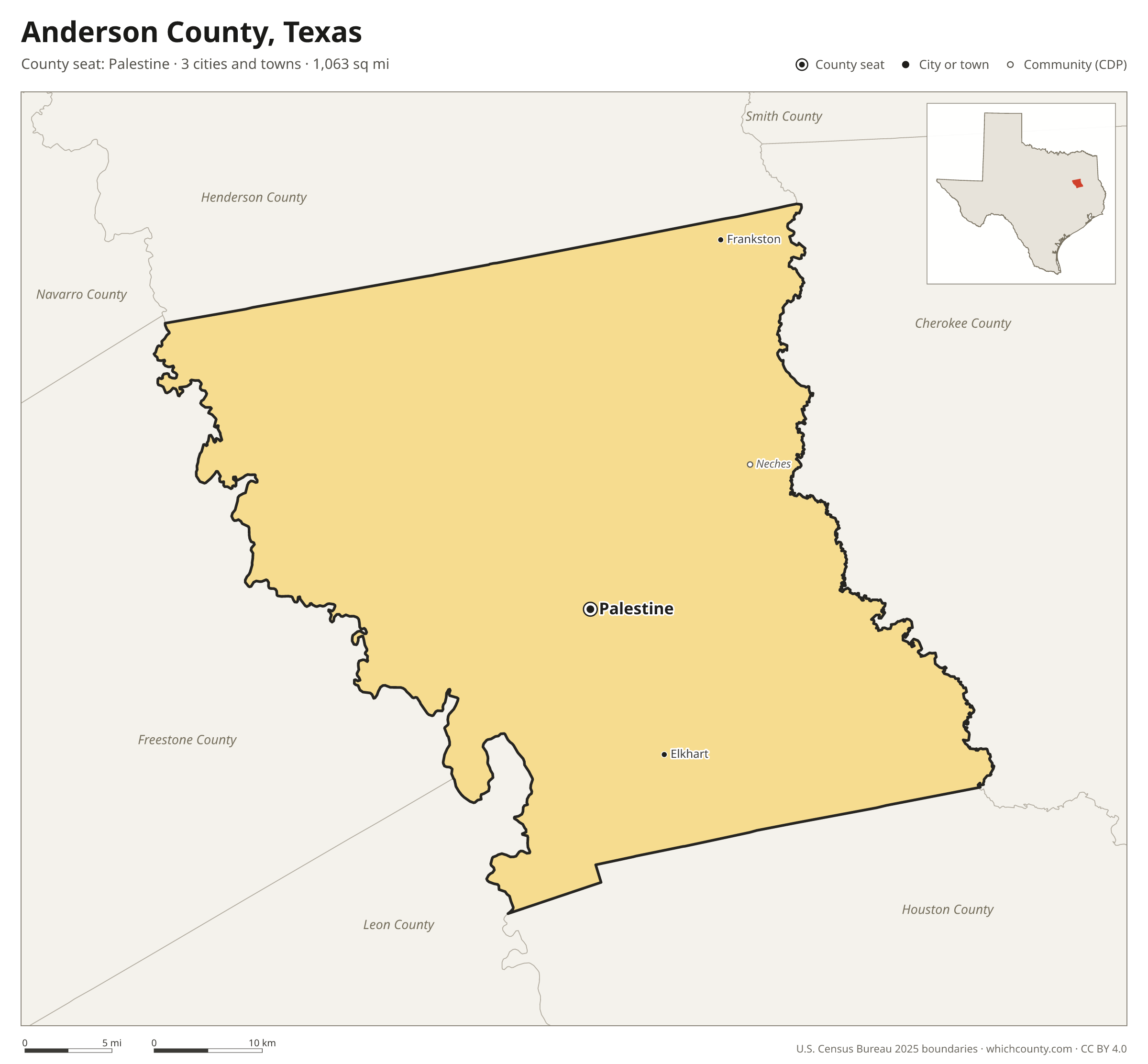 Map of Anderson County, Texas with cities, towns and the county boundary