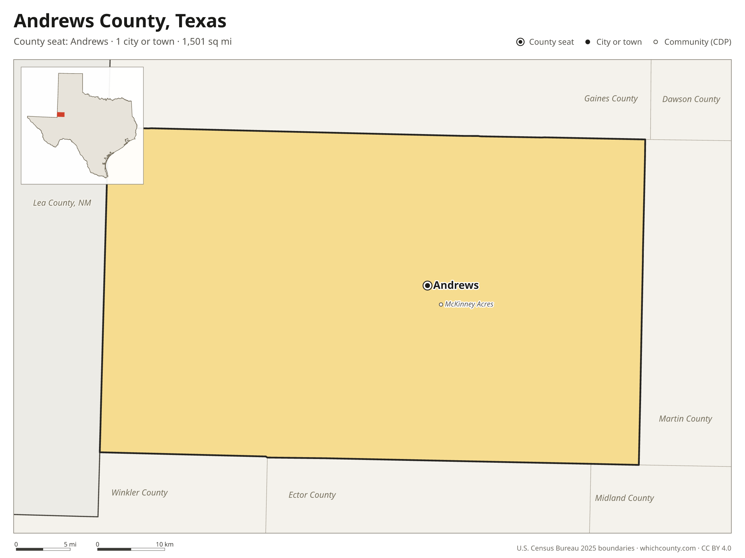Map of Andrews County, Texas with cities, towns and the county boundary
