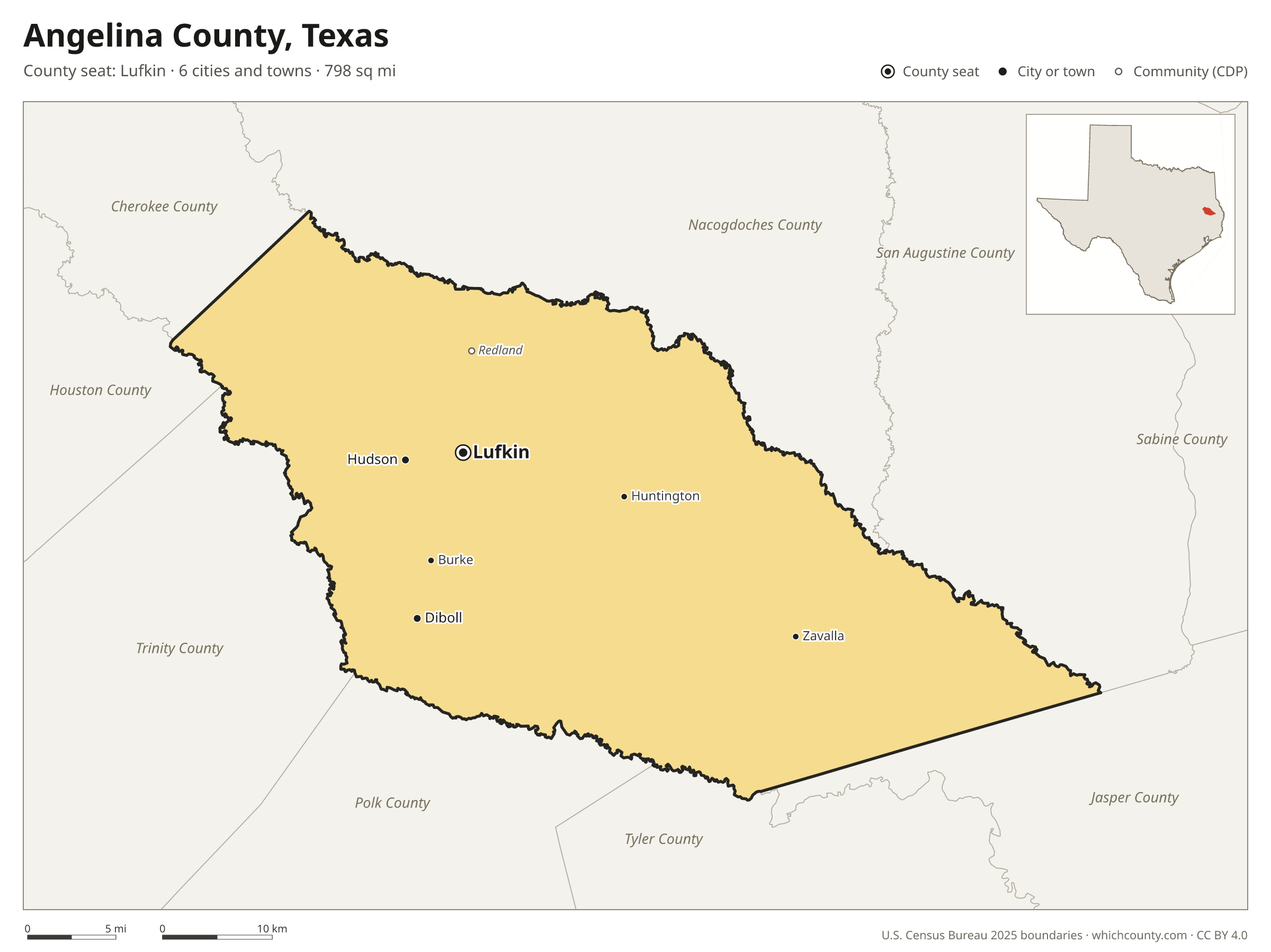 Map of Angelina County, Texas with cities, towns and the county boundary
