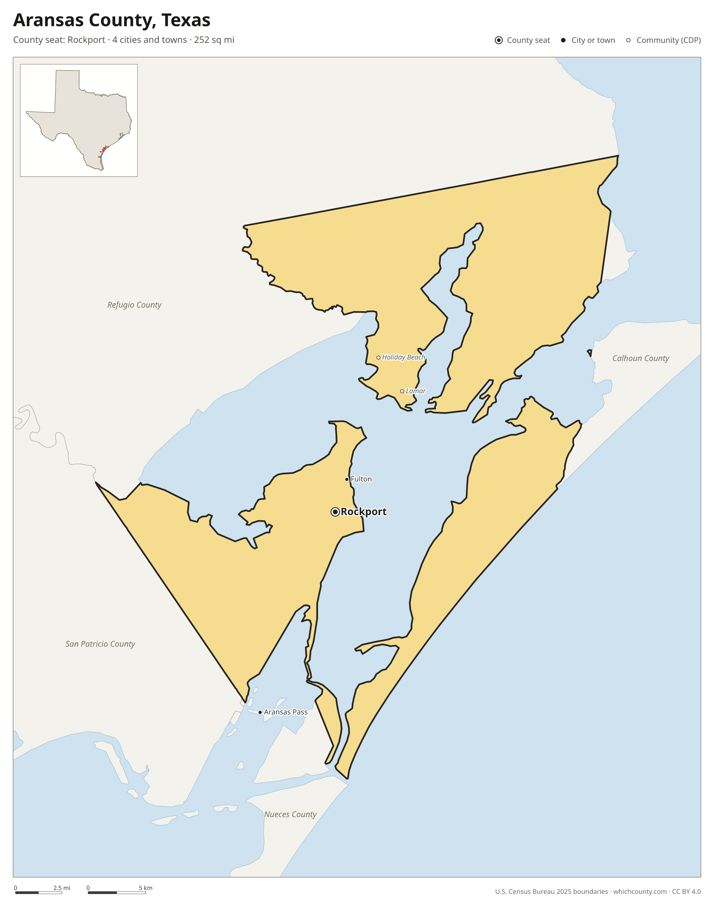 Map of Aransas County, Texas with cities, towns and the county boundary