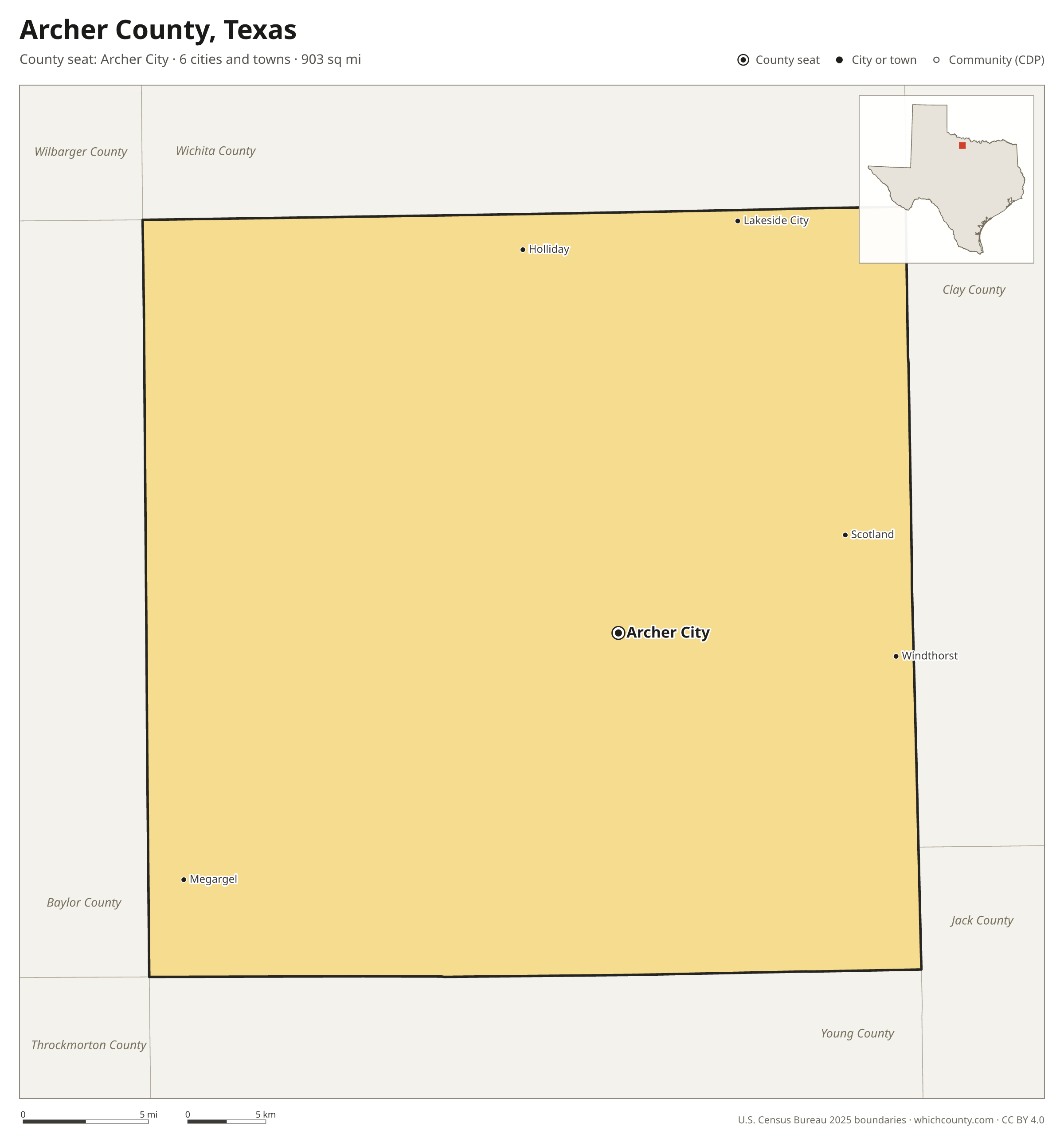 Map of Archer County, Texas with cities, towns and the county boundary