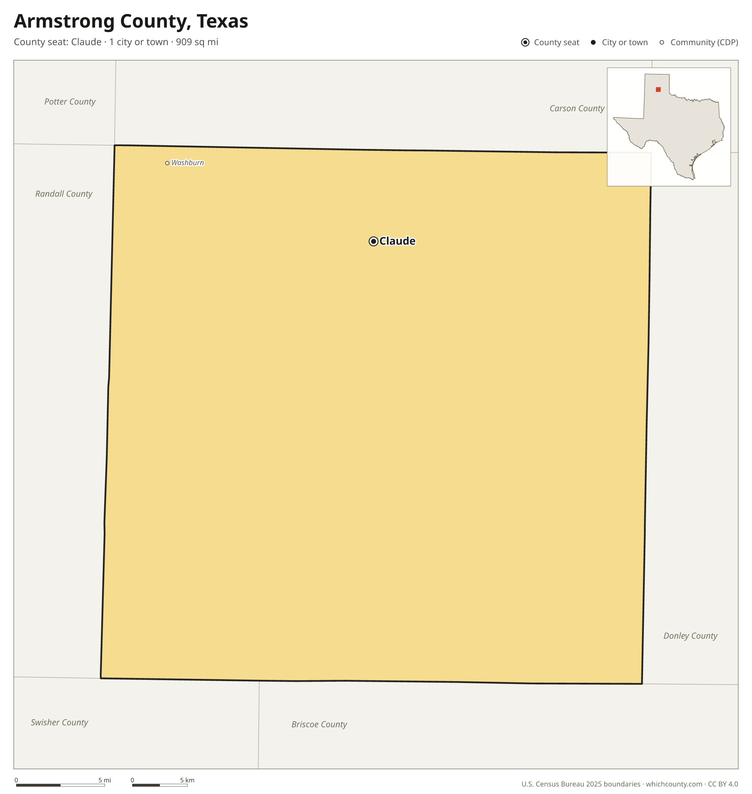 Map of Armstrong County, Texas with cities, towns and the county boundary