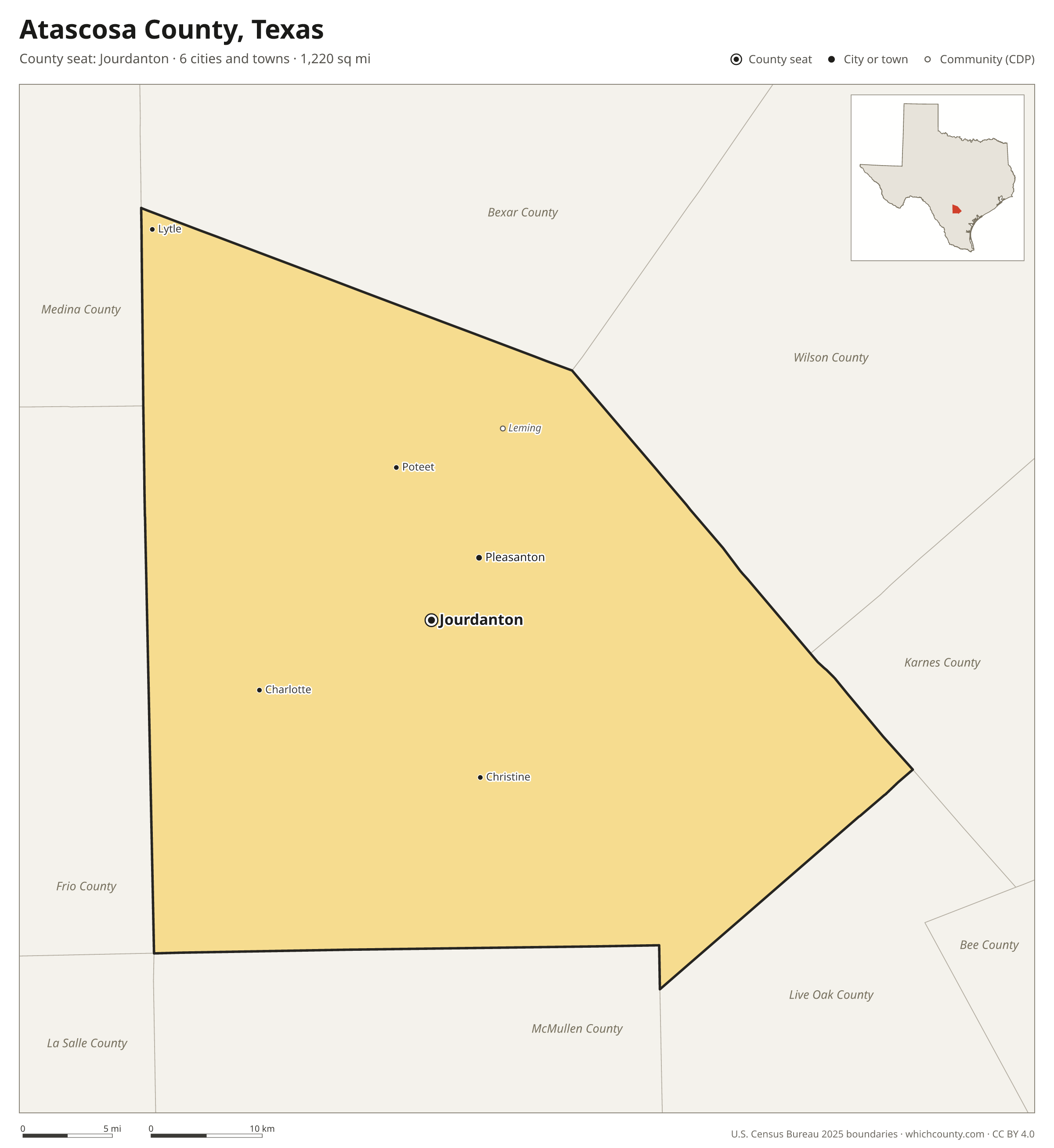 Map of Atascosa County, Texas with cities, towns and the county boundary