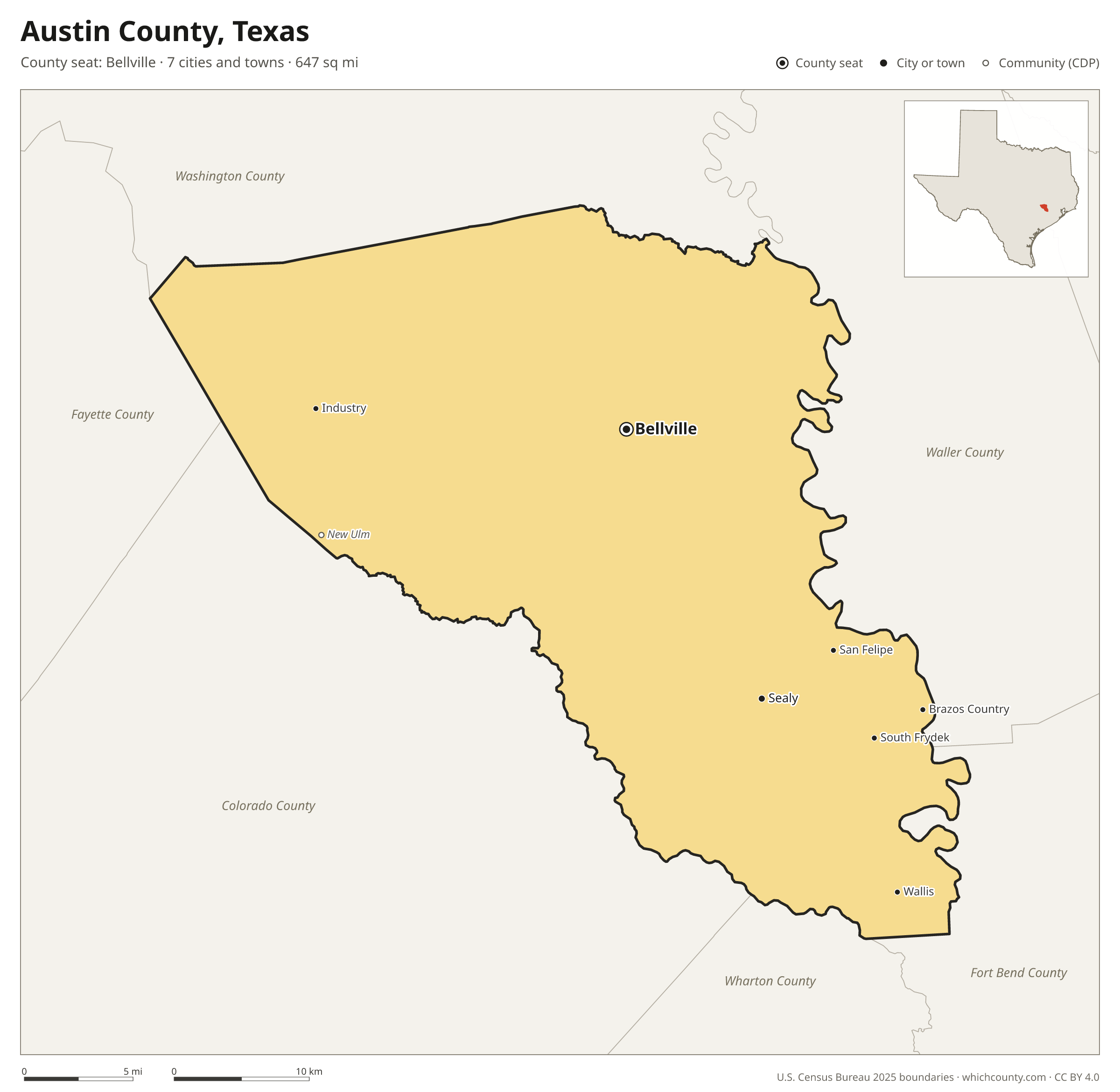 Map of Austin County, Texas with cities, towns and the county boundary
