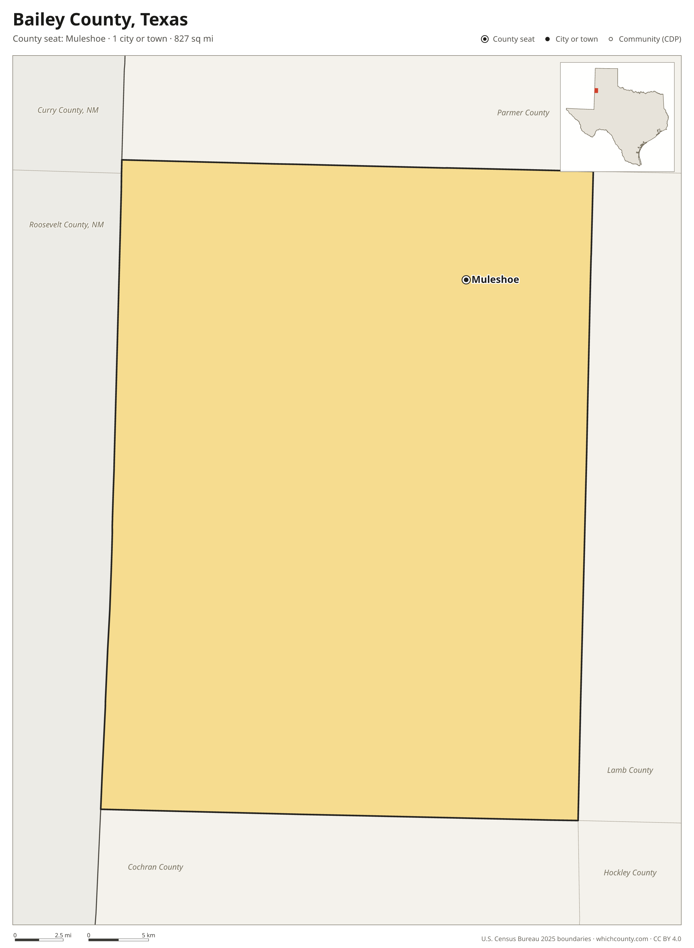 Map of Bailey County, Texas with cities, towns and the county boundary