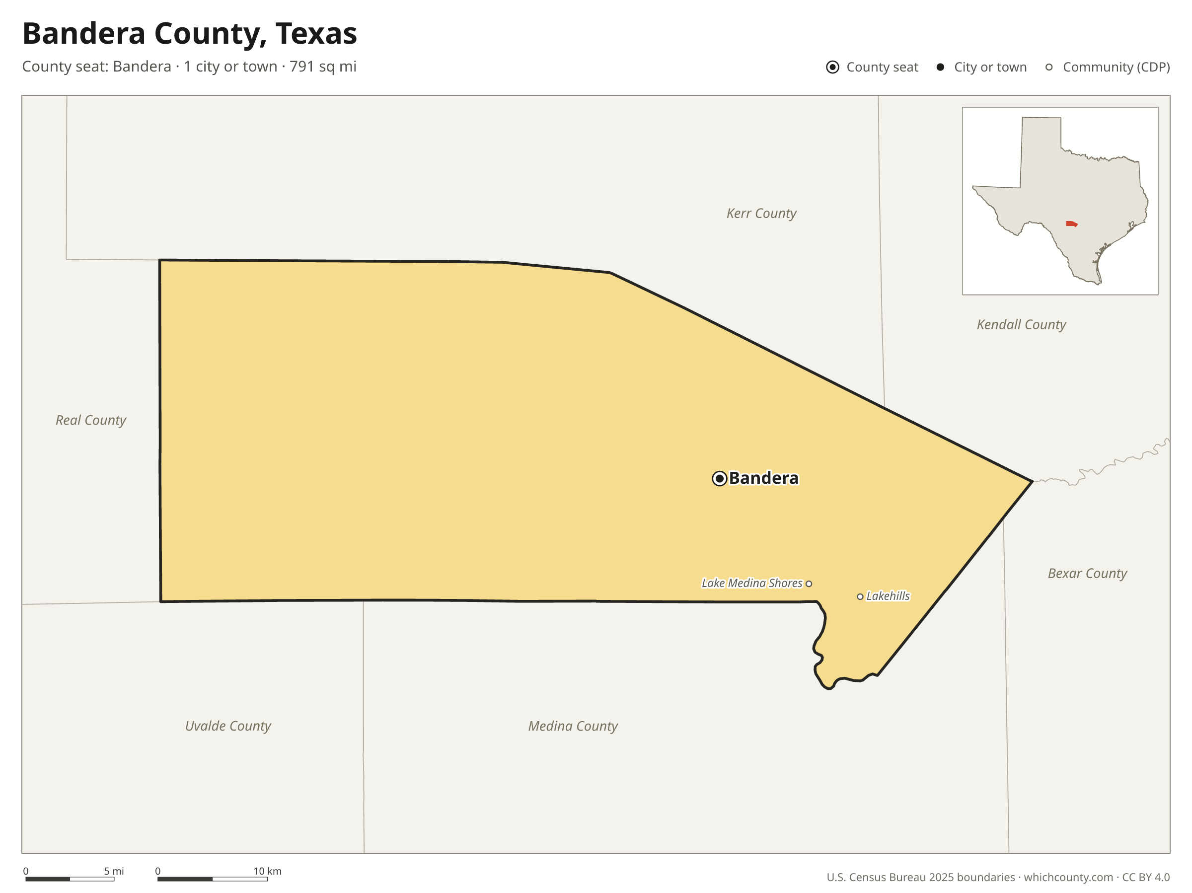 Map of Bandera County, Texas with cities, towns and the county boundary